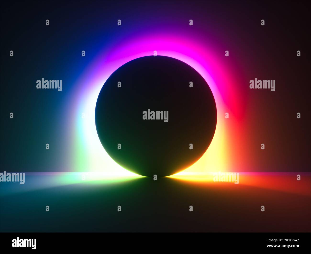 arrière-plan abstrait 3d rendu avec une lumière néon colorée et vive derrière le ballon noir. Concept Eclipse. Banque D'Images