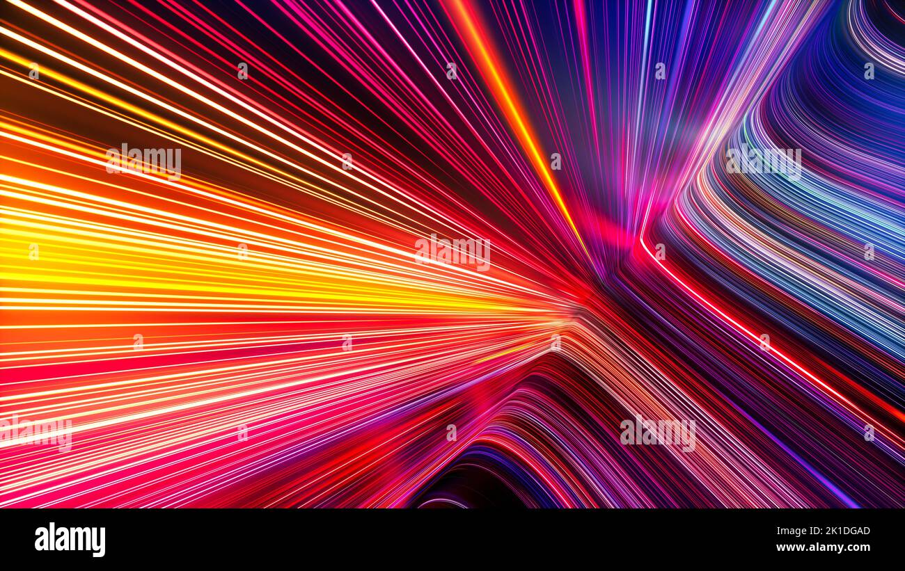 3d rendu, arrière-plan abstrait avec spectre coloré. Rayons néon et lignes lumineuses rose vif jaune. Banque D'Images