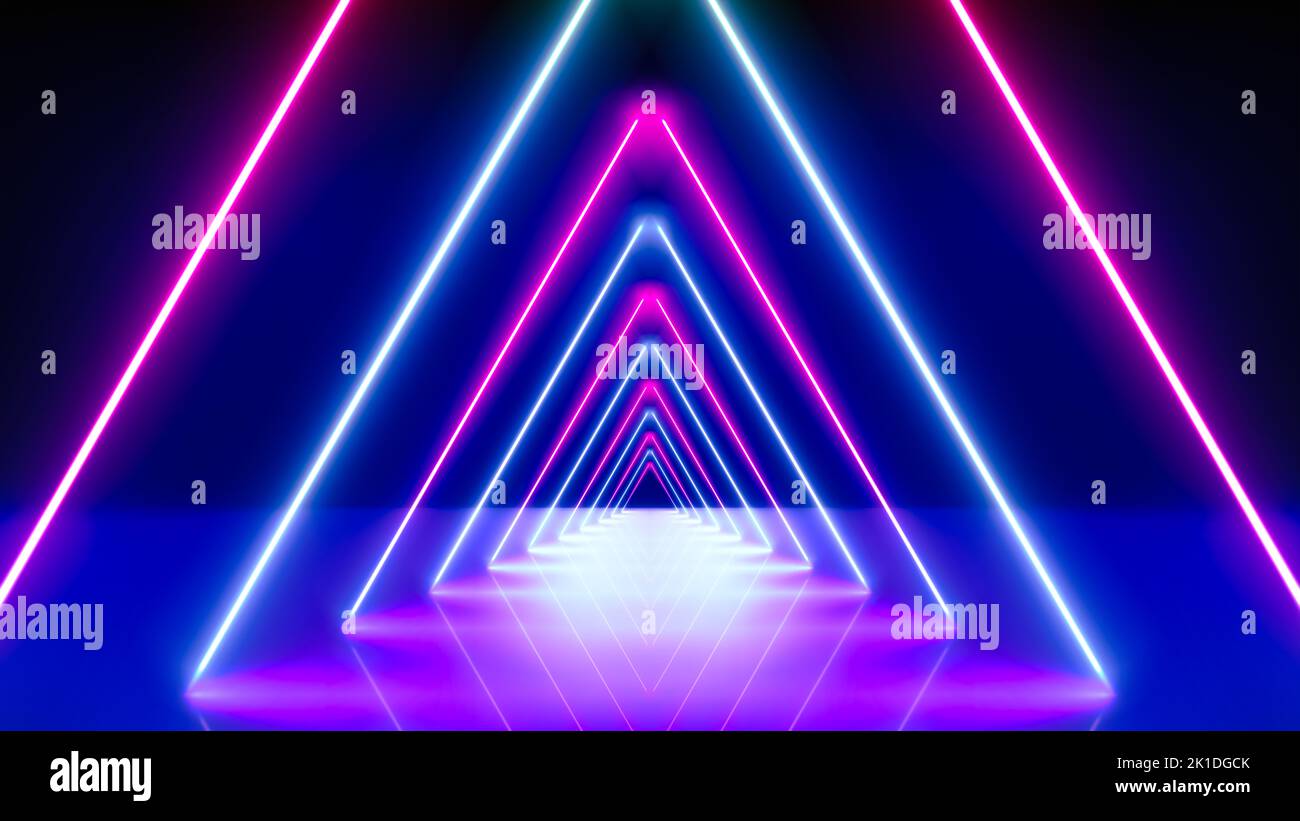 Lignes de néon luminescentes, tunnel, arrière-plan technologique abstrait, réalité virtuelle. Rose bleu violet néons couloir triangulaire, perspective. UV br Banque D'Images