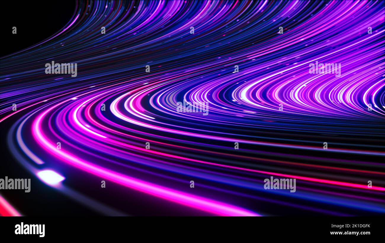 3d néons abstraits d'arrière-plan et de cordes de temps, des lumières de nuit de l'autoroute. Rayons ultraviolets, lignes lumineuses, réalité virtuelle, vitesse de la lumière. Banque D'Images