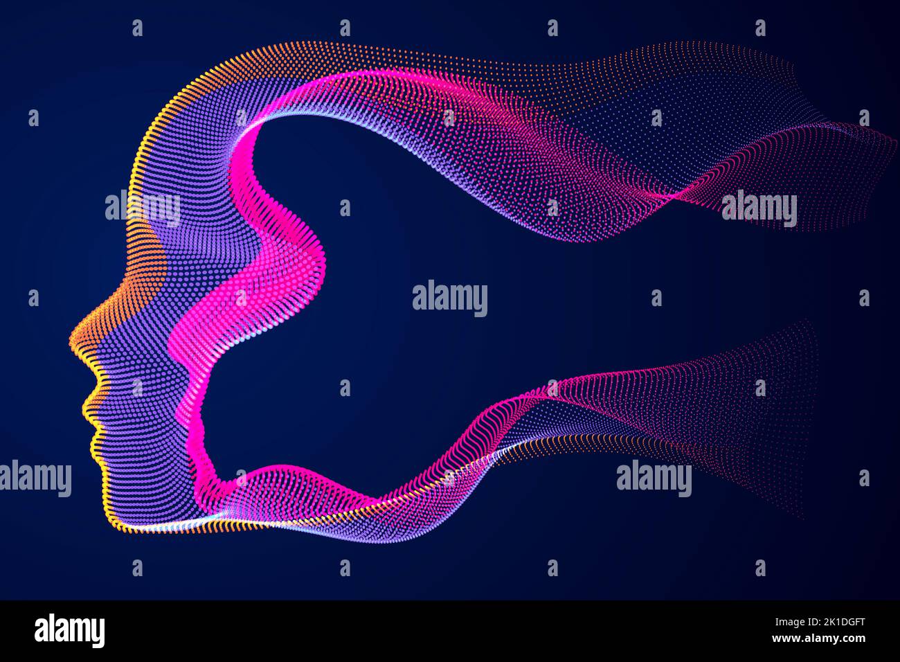 Intelligence artificielle, portrait abstrait artistique de la tête humaine en matrice de particules pointillées, logiciel vectoriel interface visuelle numérique. Âme numérique, Banque D'Images
