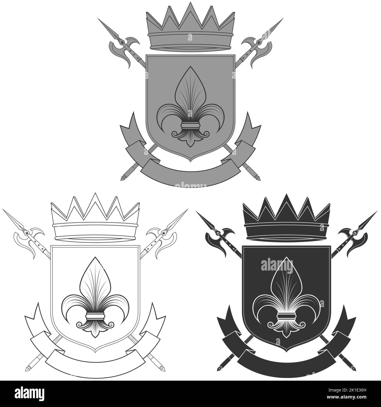 Motif vectoriel de bouclier héraldique du Moyen âge, blason avec fleur de lis, symbole héraldique, halberd, couronne et ruban Illustration de Vecteur
