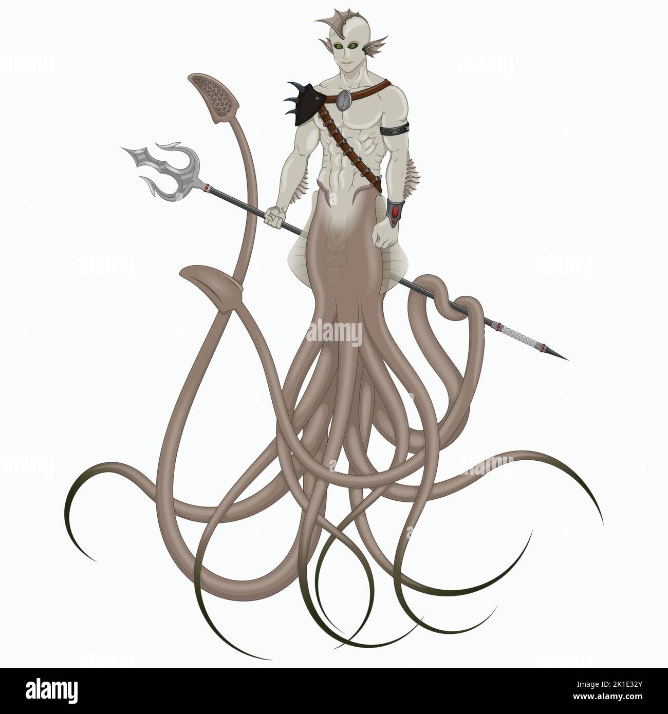 Demi-homme demi-calmar motif vectoriel de créature, créature fantaisie avec trident, créature marine avec tentacules Illustration de Vecteur