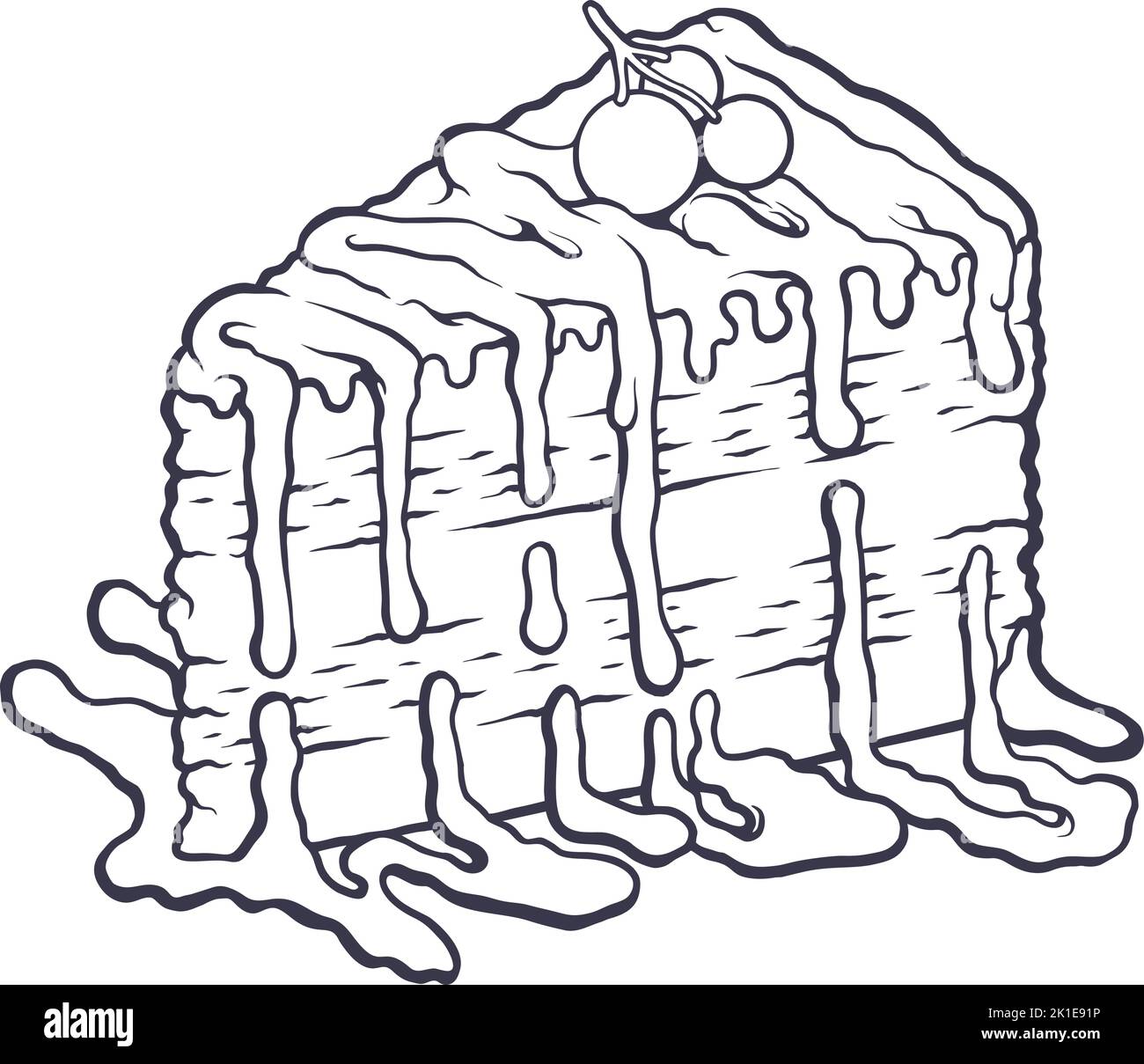 Délicieux gâteau de cerise d'anniversaire tranches d'illustrations vectorielles monochromes pour votre logo de travail, t-shirt de marchandise, autocollants et dessins d'étiquettes Illustration de Vecteur