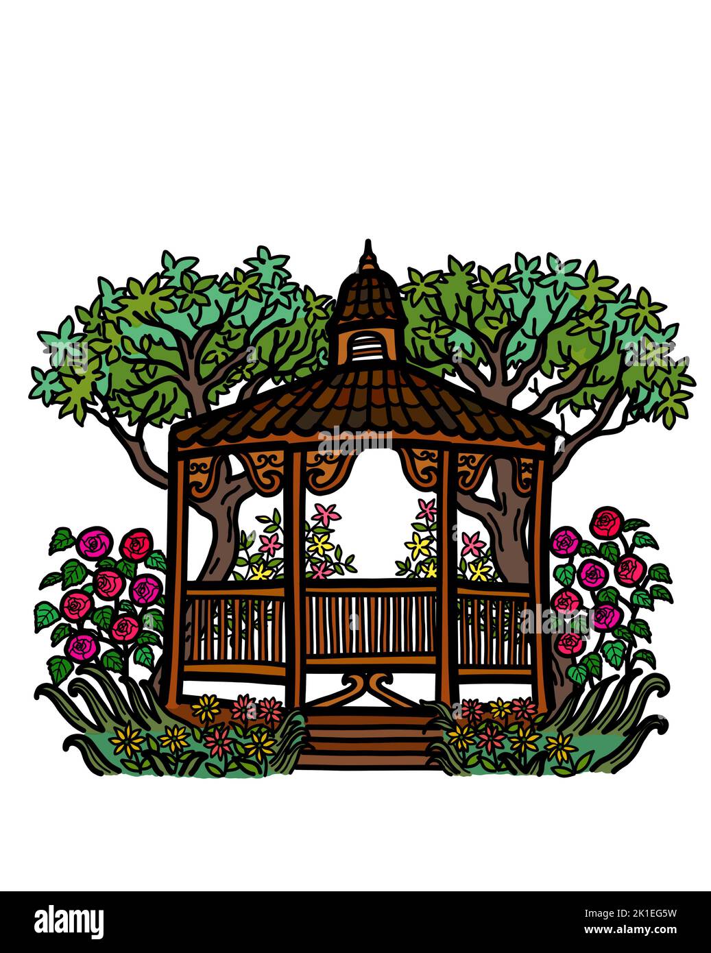 Un belvédère en cèdre dans un jardin de roses avec des plantes et des arbres dans la cour. Isolé sur un arrière-plan blanc avec un espace de copie. Concept de nature et de parcs extérieurs. Banque D'Images