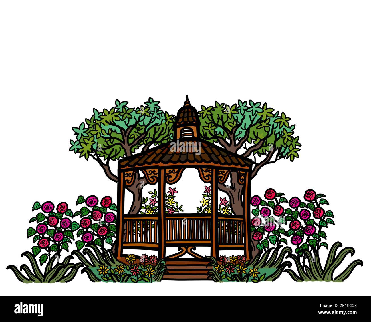 Un belvédère en cèdre dans un jardin de roses avec des plantes et des arbres dans la cour. Isolé sur un arrière-plan blanc avec un espace de copie. Concept de nature et de parcs extérieurs. Banque D'Images
