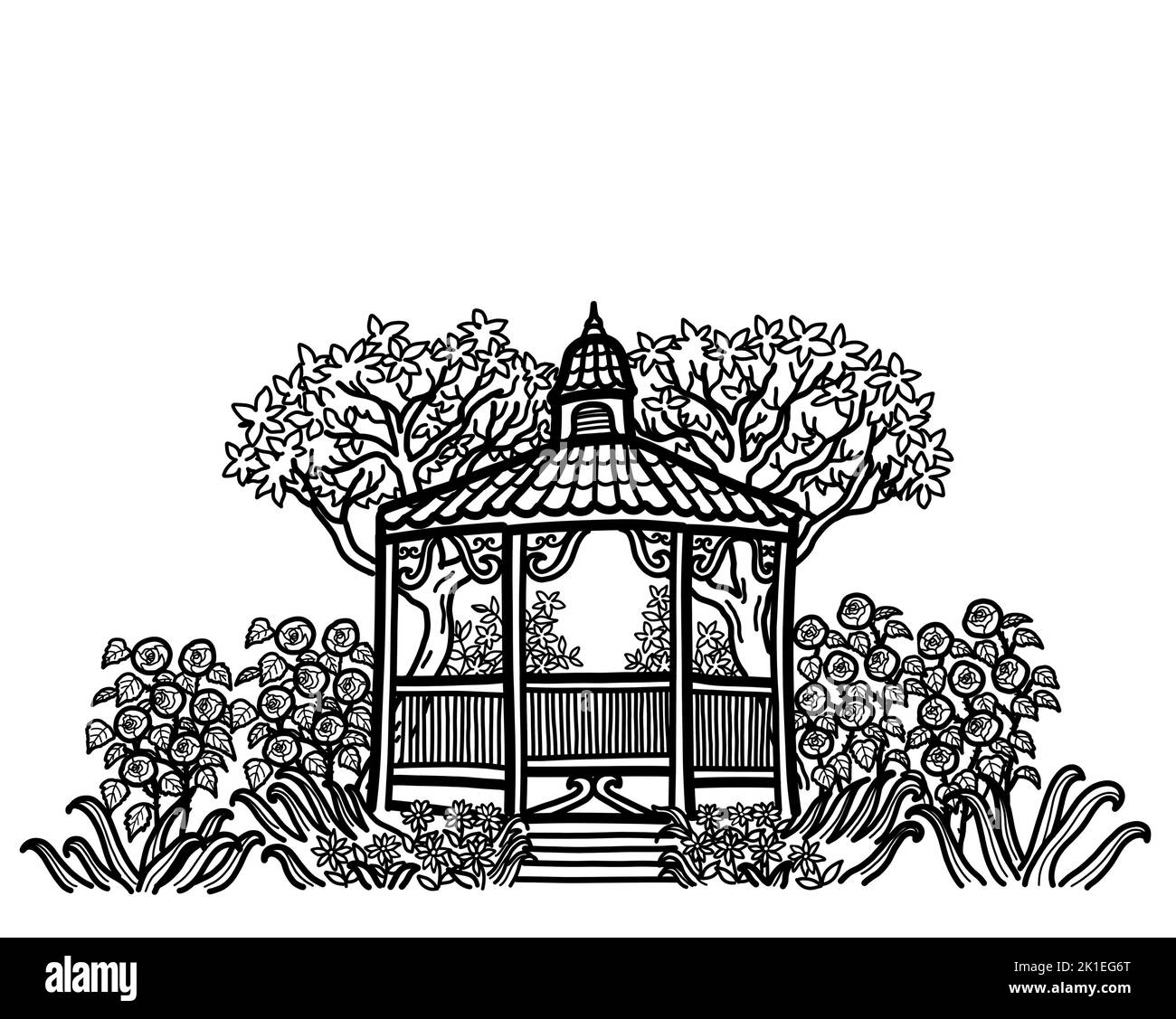 Un belvédère en cèdre dans un jardin de roses avec des plantes et des arbres dans la cour. Isolé sur un arrière-plan blanc avec un espace de copie. Concept de nature et de parcs extérieurs. Banque D'Images