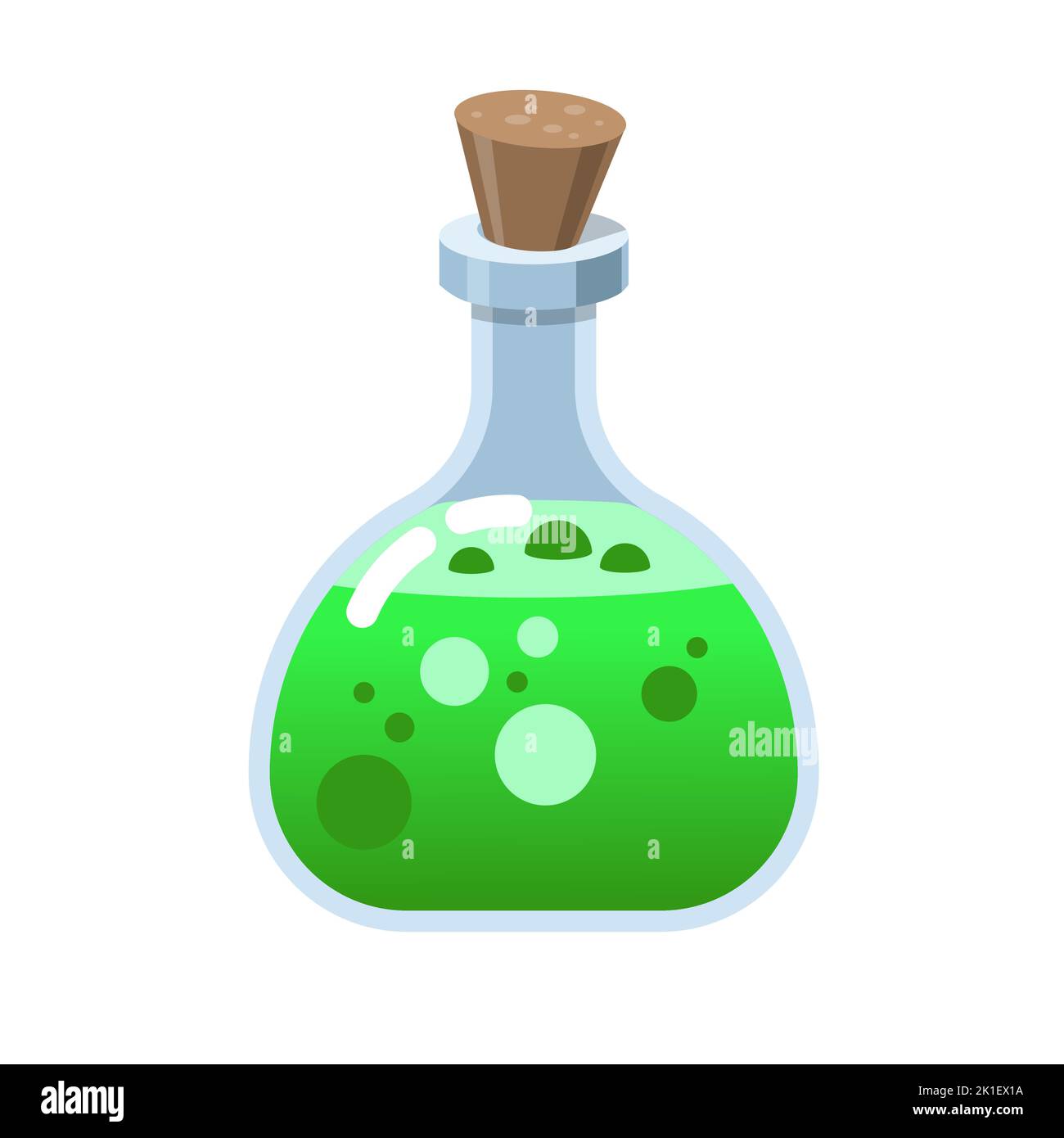 Bouteille magique en verre. Élixir alchimie Life dans flacon en verre. Liège et potion verte, vecteur de dessin animé. Sorcellerie potion verte de sorcière ou de poison Illustration de Vecteur