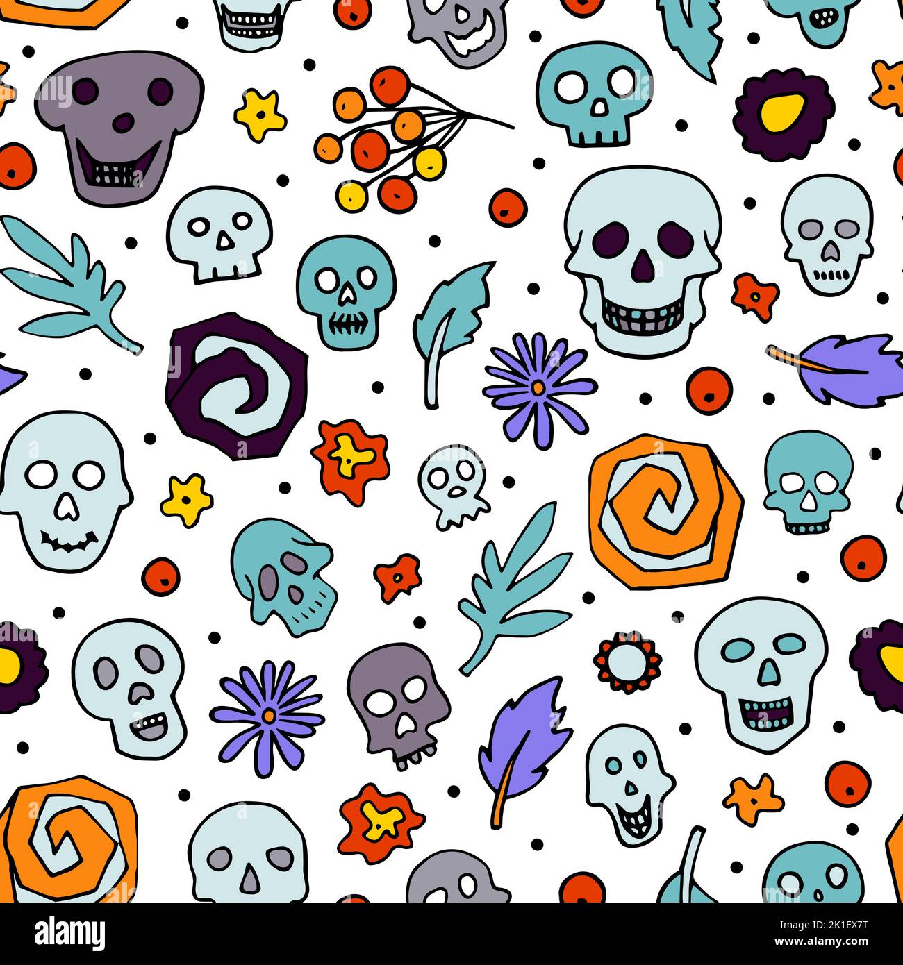 Halloween Doodle Sculpls, motif fleuri sans couture. Squelette, plante sur fond blanc. Dessiné à la main el dia de los Muertos. Caractère mystique. Vecteur i Illustration de Vecteur