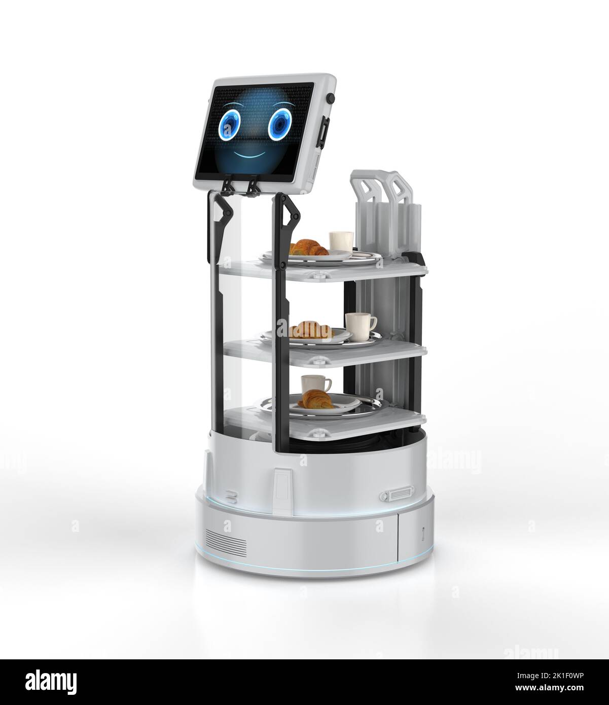 Automatisation café avec 3D robot de rendu assistant ou robot de service servir la nourriture Banque D'Images