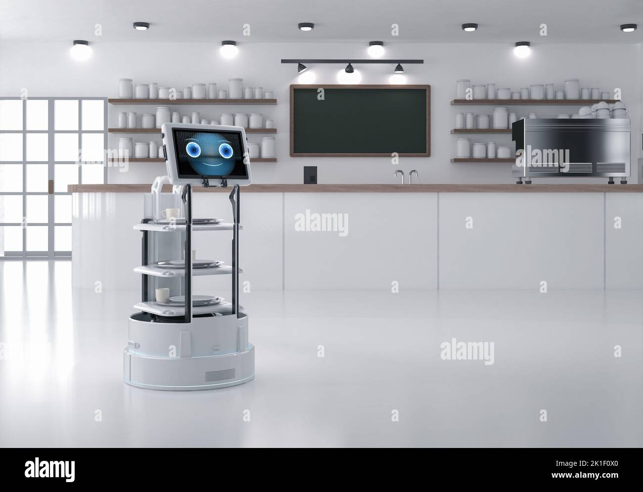 Automatisation café avec 3D robot de rendu assistant ou robot de service servir la nourriture Banque D'Images