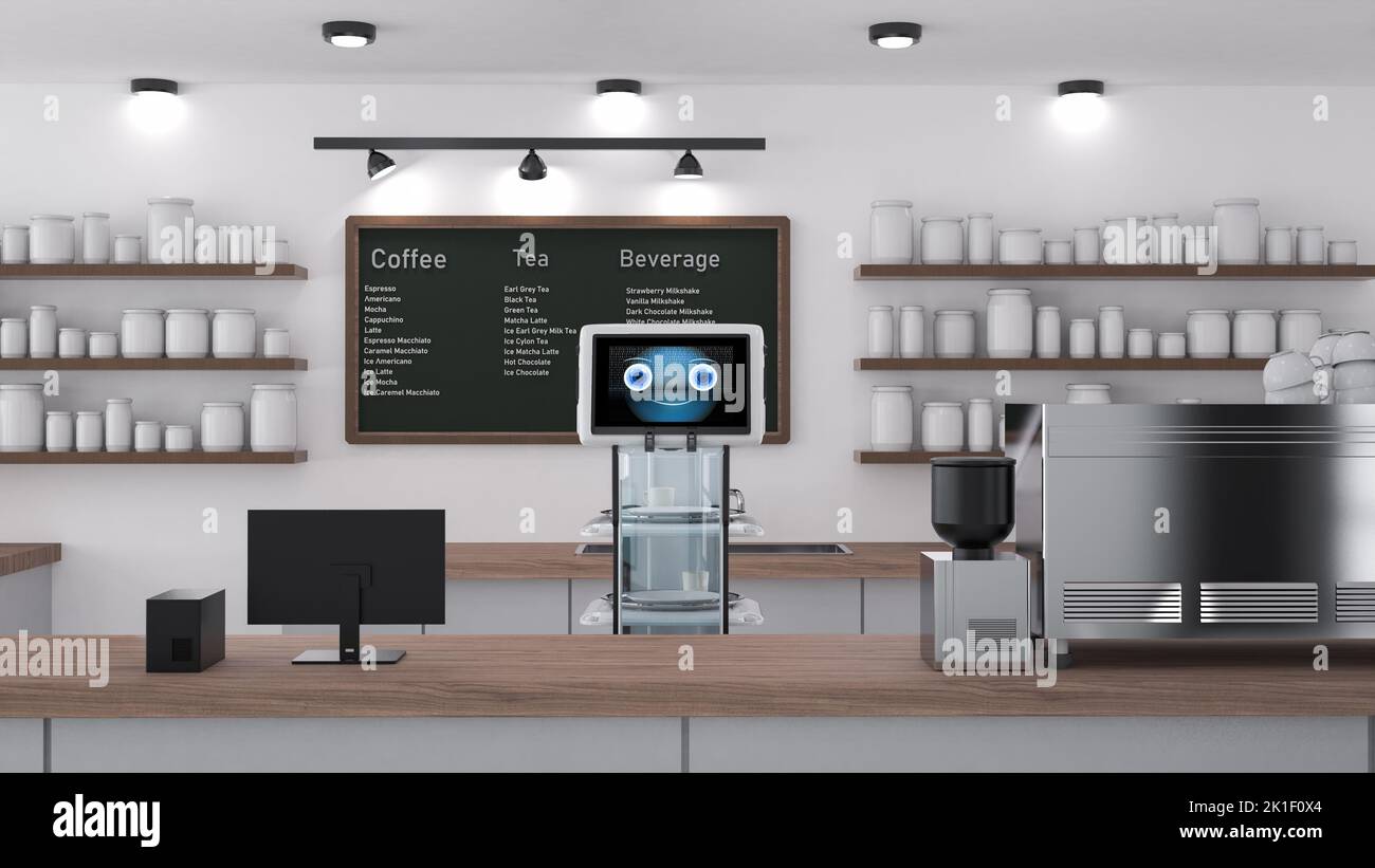 Automatisation café avec 3D robot de rendu assistant ou robot de service servir la nourriture Banque D'Images