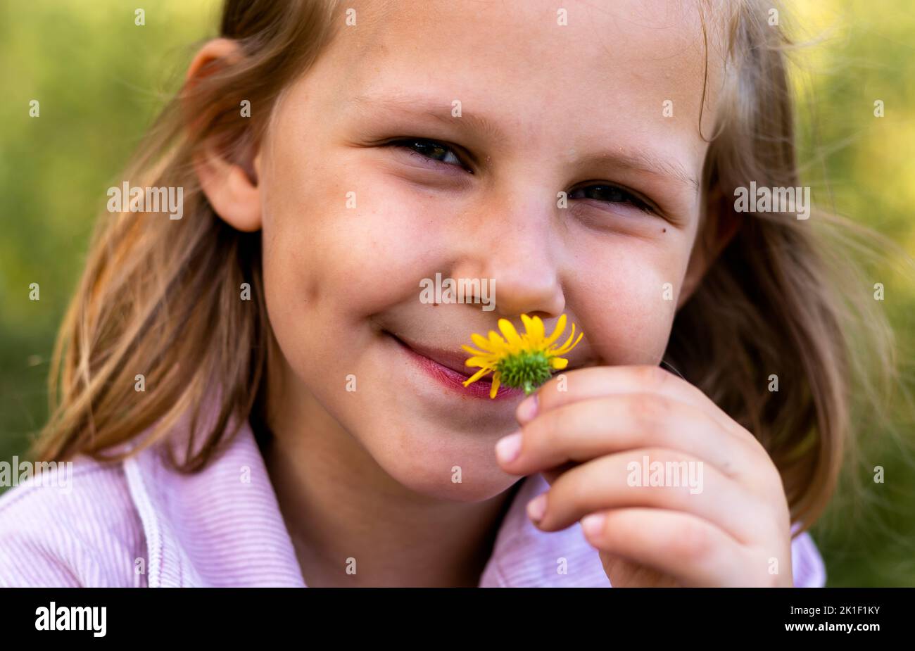 L'enfant sent une fleur. La petite fille se repose dans le parc. Copier l'espace. Portrait d'une jolie petite fille en gros plan. Banque D'Images