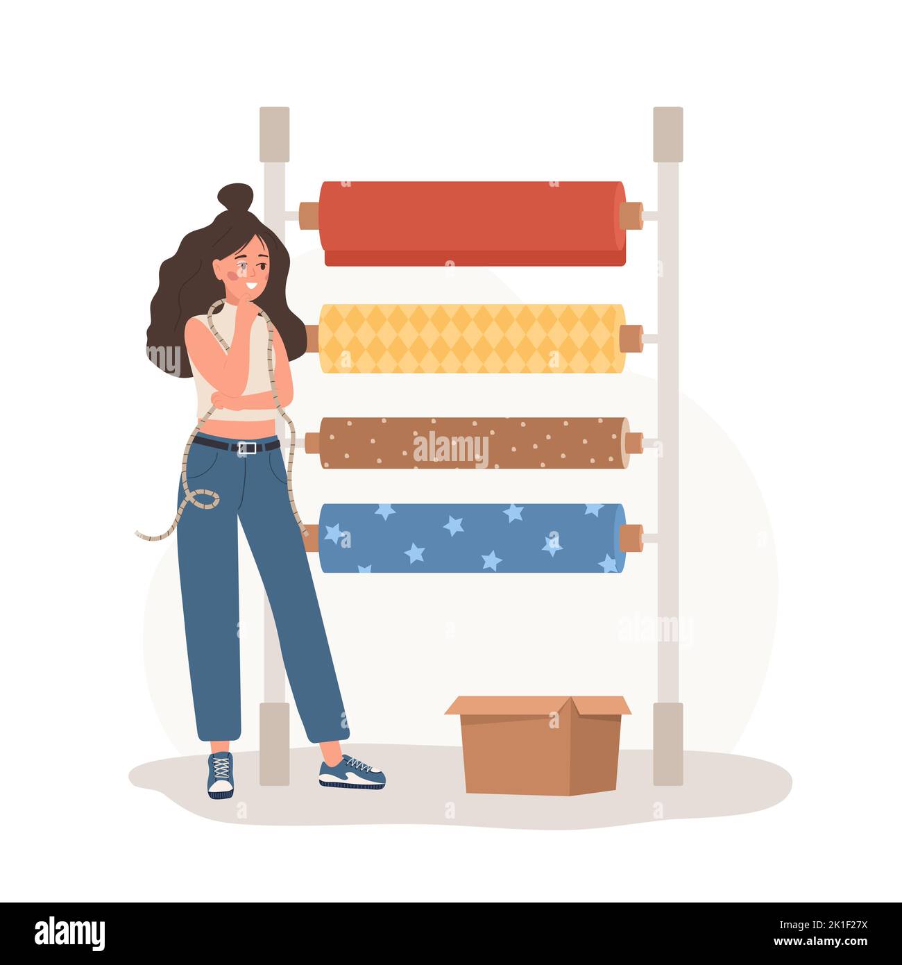 Femme couturière choisit le tissu pour la future collection de vêtements. Les jeunes femmes créent des vêtements en studio. Couturier ou couturier. Vecteur Illustration de Vecteur