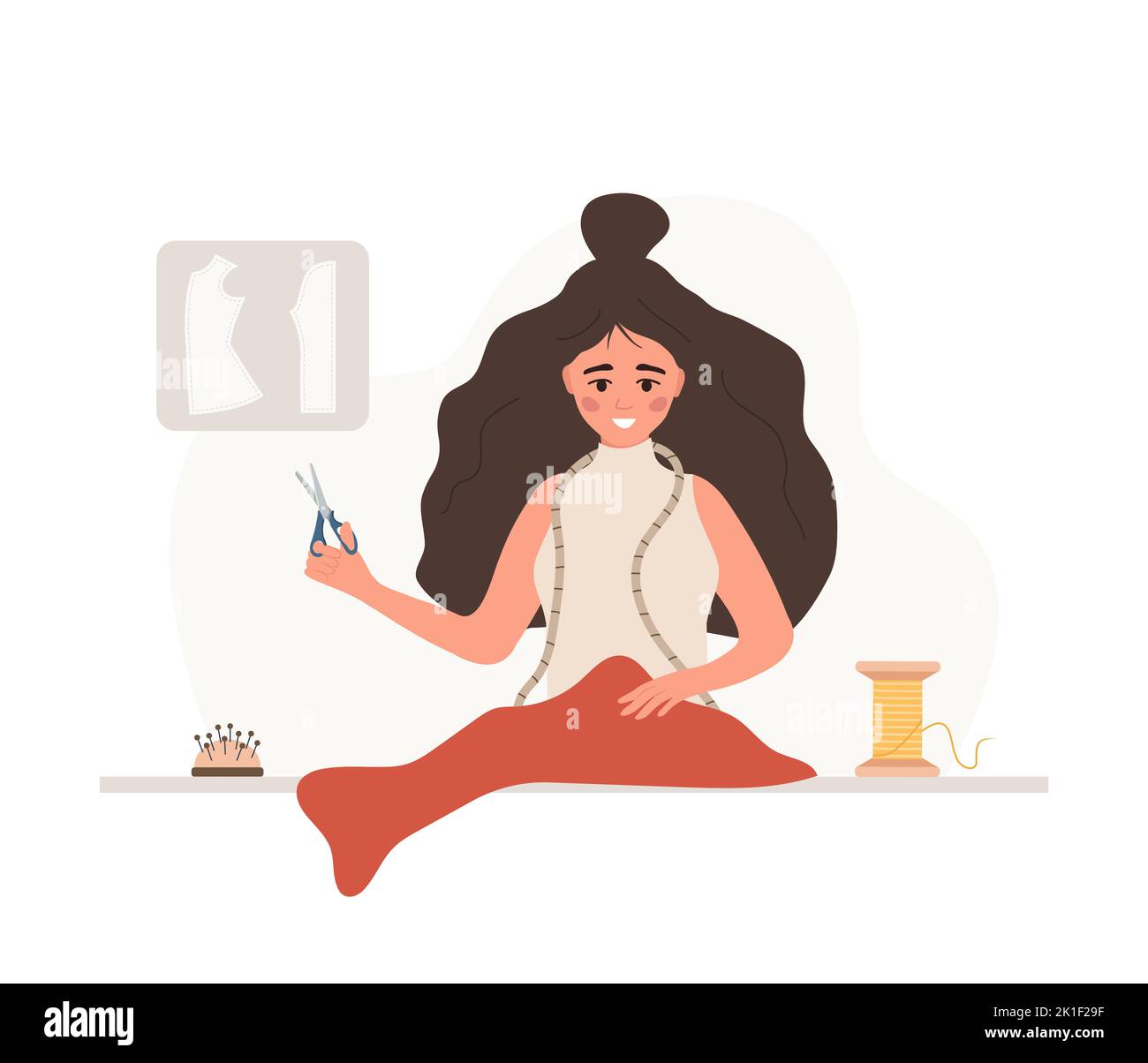 Femme couturière avec ciseaux coupe le tissu rouge. Les jeunes femmes créent des vêtements en studio. Couturier ou couturier. Illustration vectorielle dans Illustration de Vecteur