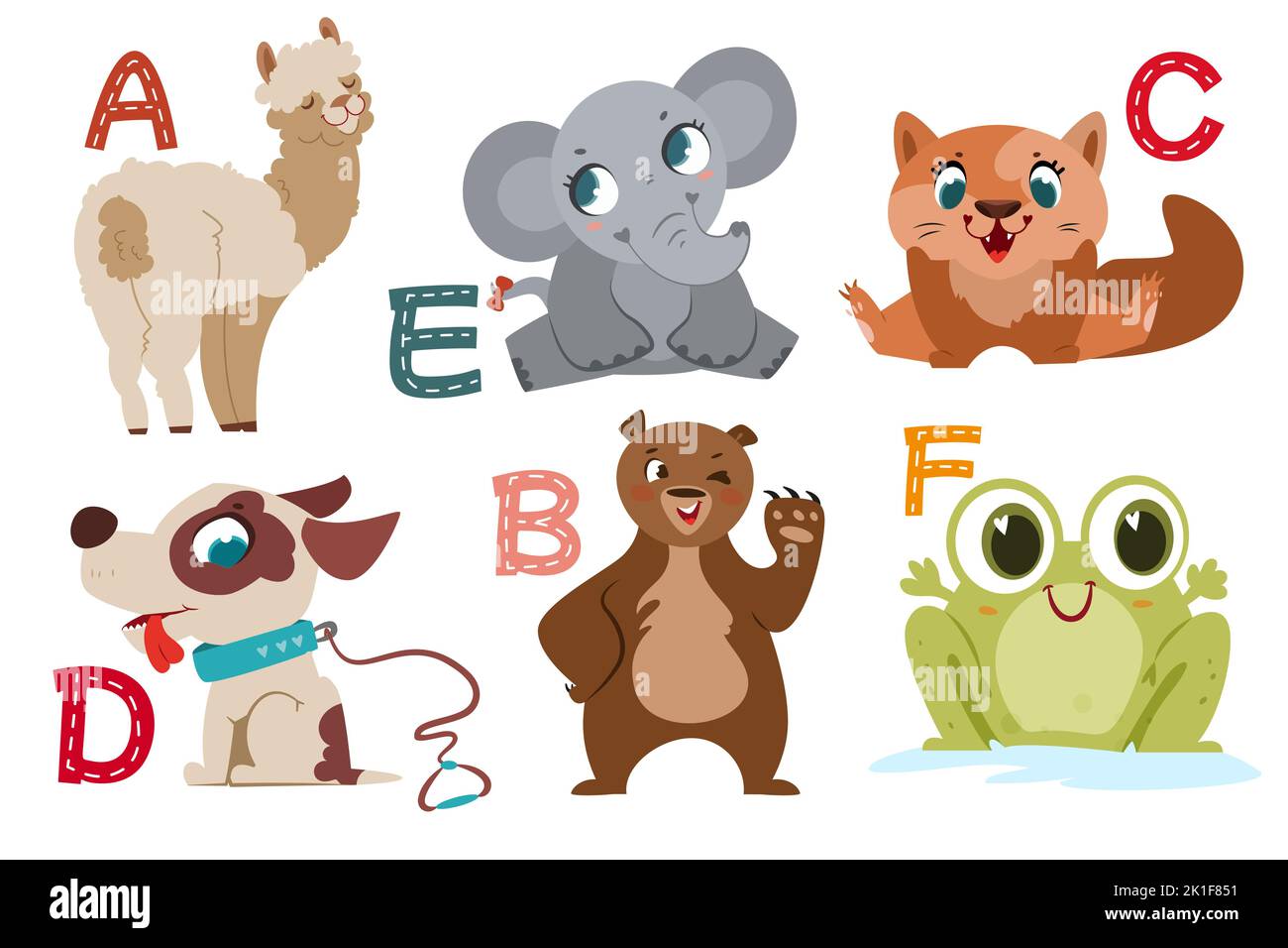 Alphabet anglais avec animaux mignons et plats pour l'éducation des enfants. Lettres avec des personnages animaux amusants de A à F. ensemble de conception d'enfants pour apprendre à épeler avec la collection de zoo de dessins animés. Illustration de Vecteur
