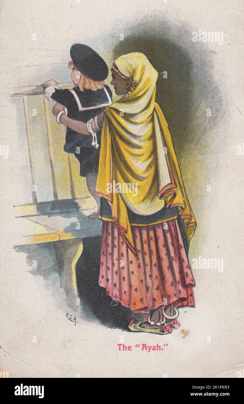 L'Ayah, début du 20th siècle : illustration en couleur d'une femme indienne debout avec un garçon européen. Les vêtements de la femme indienne comprennent un foulard dupatta et des bracelets sur ses bras et ses chevilles, l'enfant européen porte un costume de marin. Un Ayah était un nursemaid ou une nounou employée comme serviteur par des familles européennes en Inde Banque D'Images