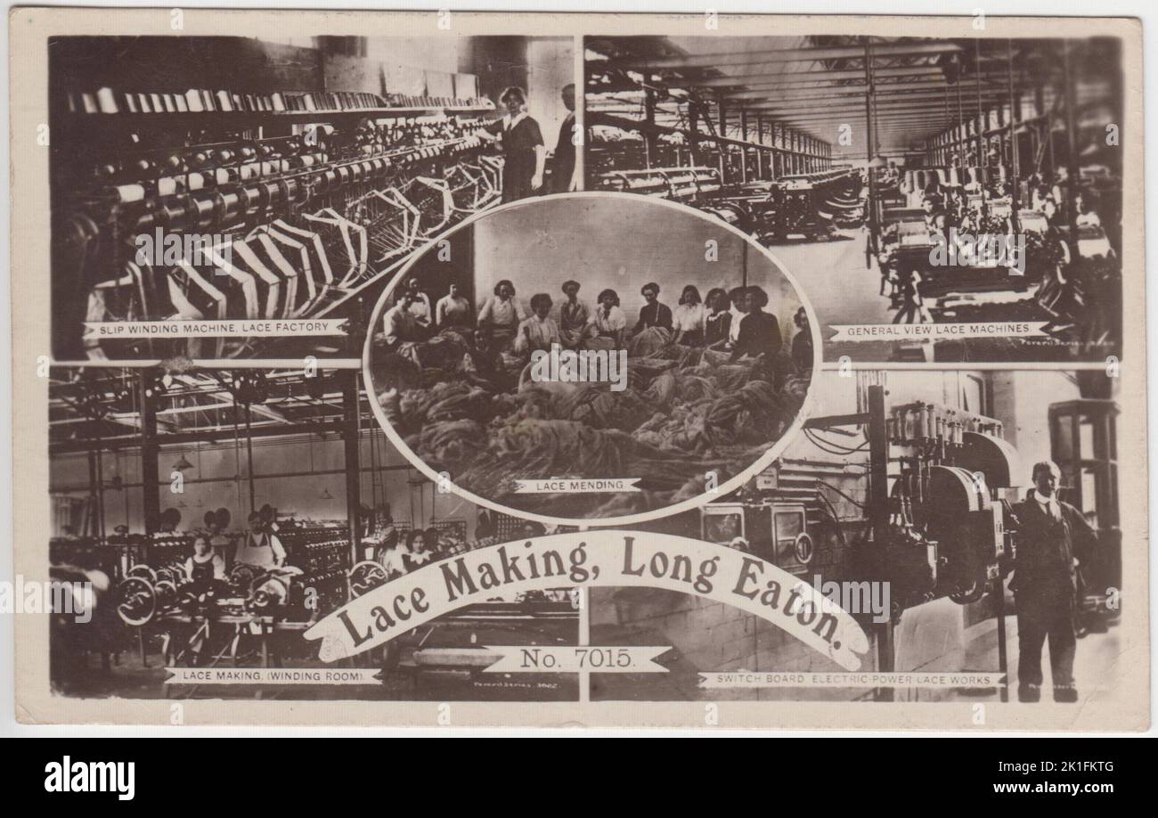 Production de dentelle, long Eaton, Derbyshire: Carte postale contenant 5 vues d'une usine de fabrication de laçage, y compris la machine à enrouler, une vue générale des machines à dentelle, la salle de bobinage, le panneau de commutation électrique et les femmes travaillant sur le mending de dentelle. La carte postale a été envoyée de Nottingham en 1919 Banque D'Images