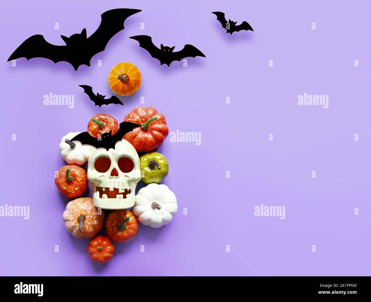 Fêtes, décoration et concept de fête - crâne, chauves-souris noires et citrouilles halloween sur fond violet. Banque D'Images