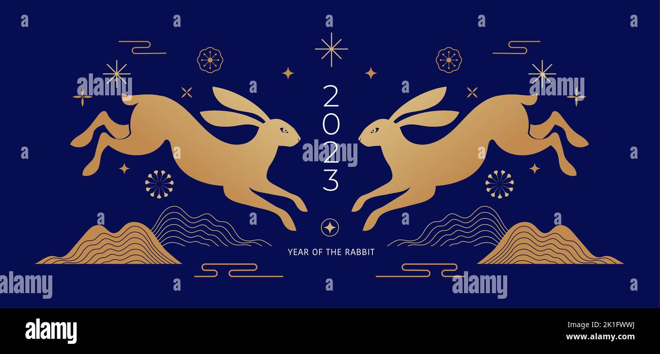Nouvelle année chinoise 2023 année du lapin - symbole du zodiaque chinois, concept de la nouvelle année lunaire, conception d'arrière-plan moderne bleu et doré Illustration de Vecteur