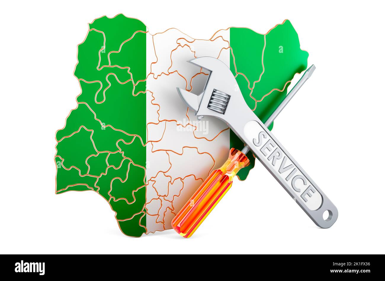 Carte nigériane avec tournevis et clé, 3D rendu isolé sur fond blanc Banque D'Images