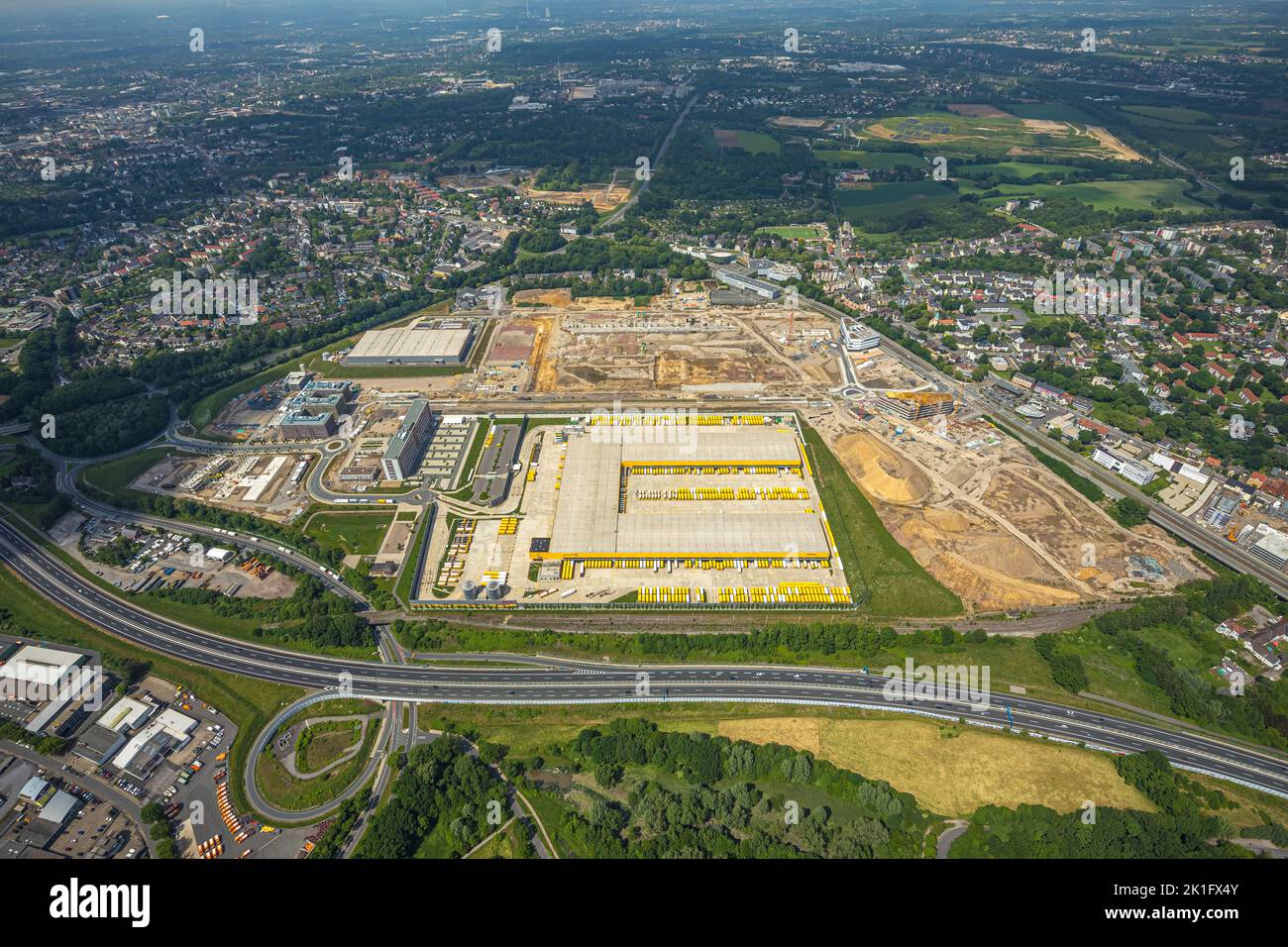 Vue aérienne, chantier Mark 51/7, centre logistique DHL, Laer, Bochum, région de Ruhr, Rhénanie-du-Nord-Westphalie, Allemagne, travaux de construction, Bâtiment Banque D'Images
