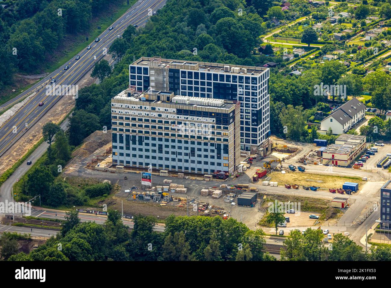 Vue aérienne, chantier de construction et nouveau dortoir étudiant en construction modulaire au Campus communautaire de l'Universitätsstraße, Wiemelhausen, Banque D'Images