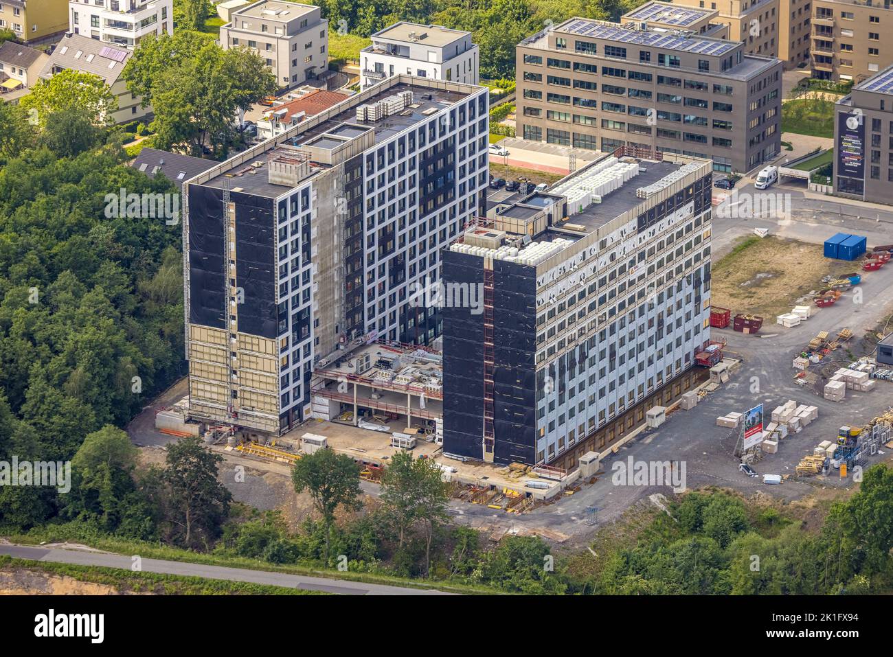 Vue aérienne, chantier de construction et nouveau dortoir étudiant en construction modulaire au Campus communautaire de l'Universitätsstraße, Wiemelhausen, Banque D'Images