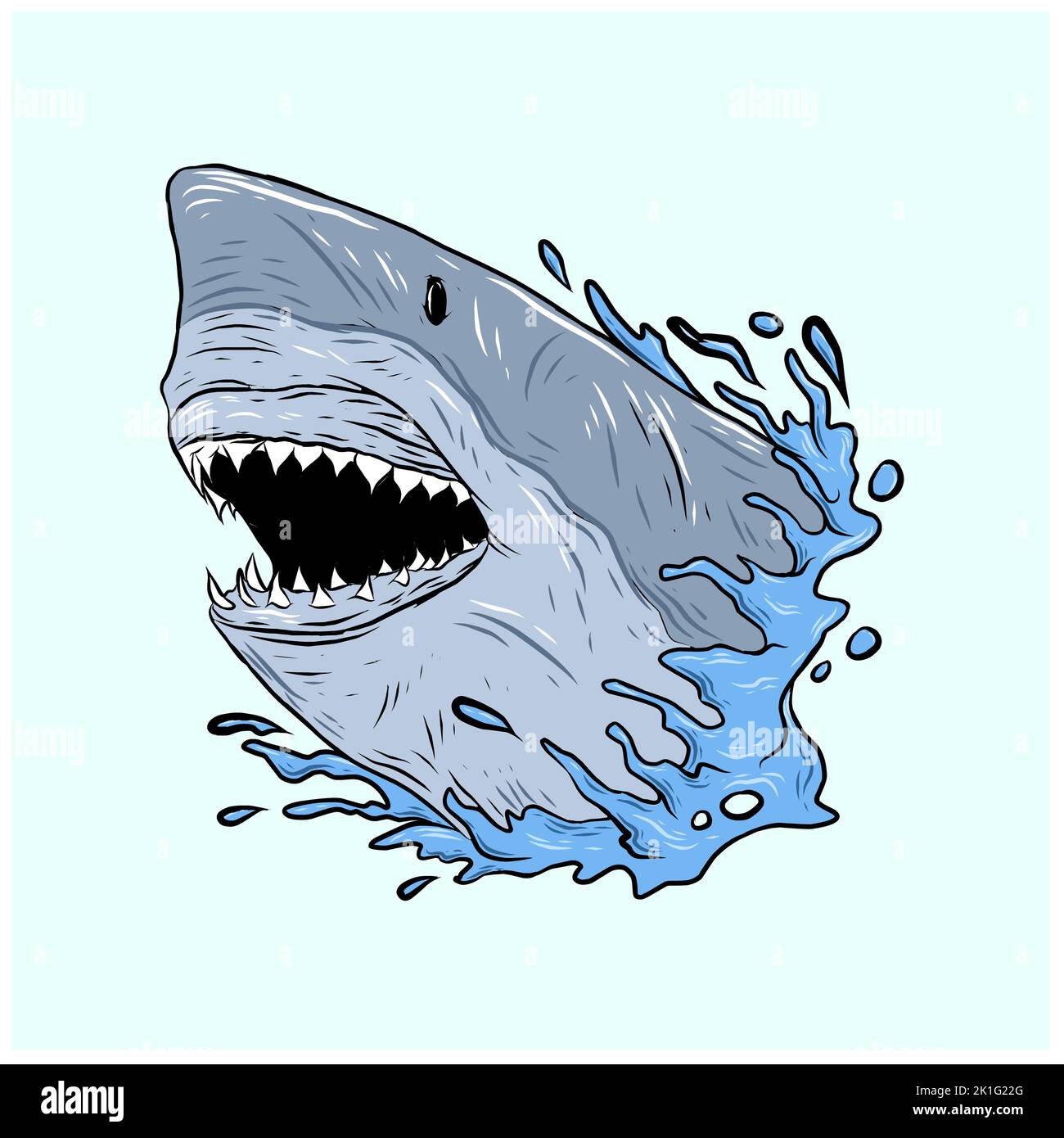 Mascotte vecteur requin caricature .Sourire et dents effrayants en colère.Grand personnage de requin blanc, animal de mer et d'océan ou monstre marin sous-marin avec le mal fa Banque D'Images