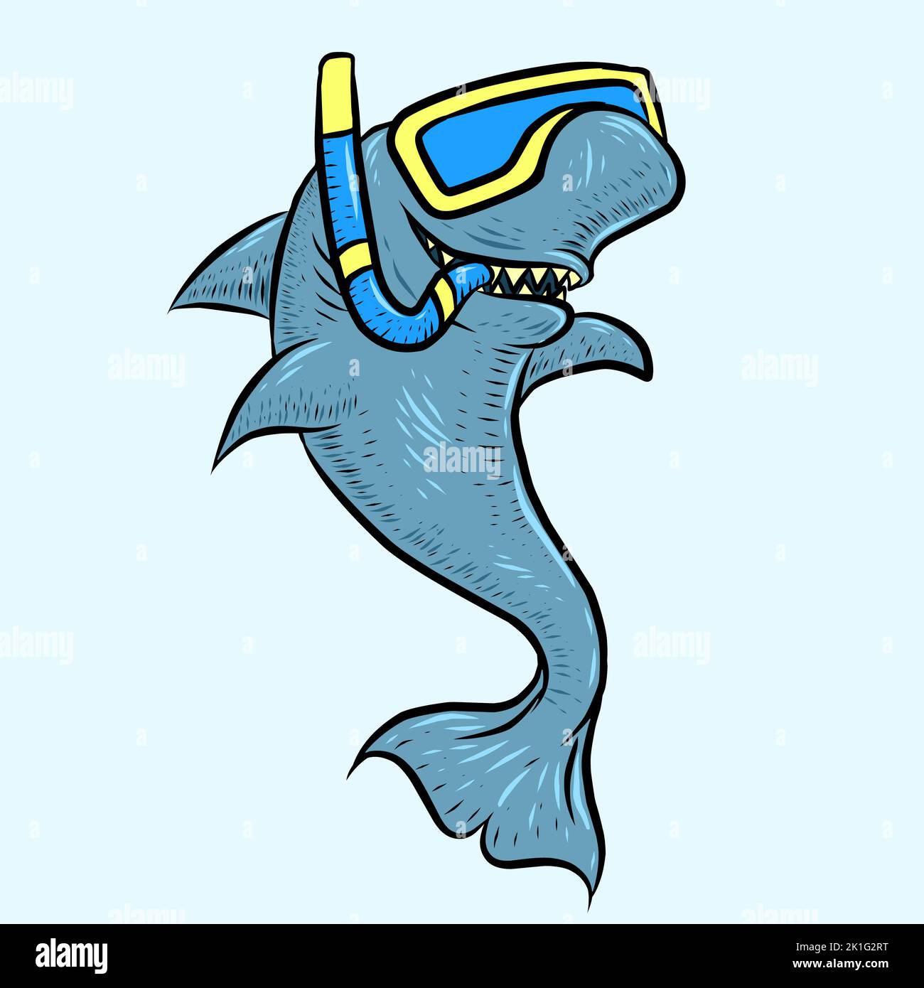 Dessin de requin avec masque de plongée et dessin de plongée avec tuba gravure vectorielle illustration. Imprimé T-shirt. Imitation de style tableau à rayures. Noir an Banque D'Images