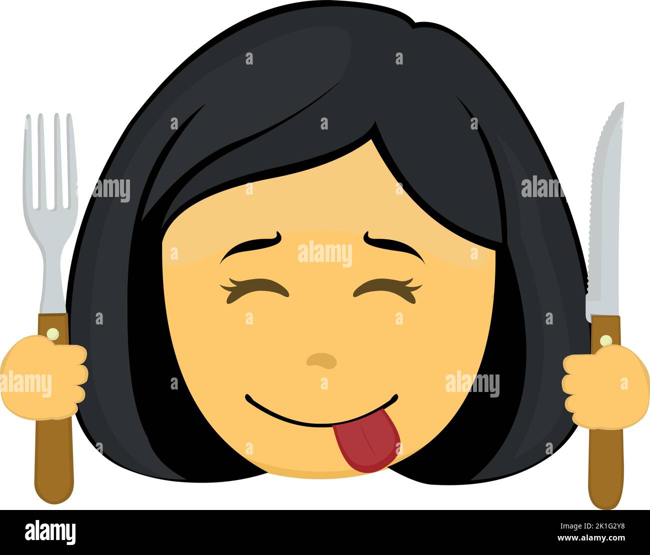 Illustration vectorielle emoji d'une femme de dessin animé jaune, avec une expression délicieuse que délicieuse, avec un couteau et une fourchette dans ses mains Illustration de Vecteur