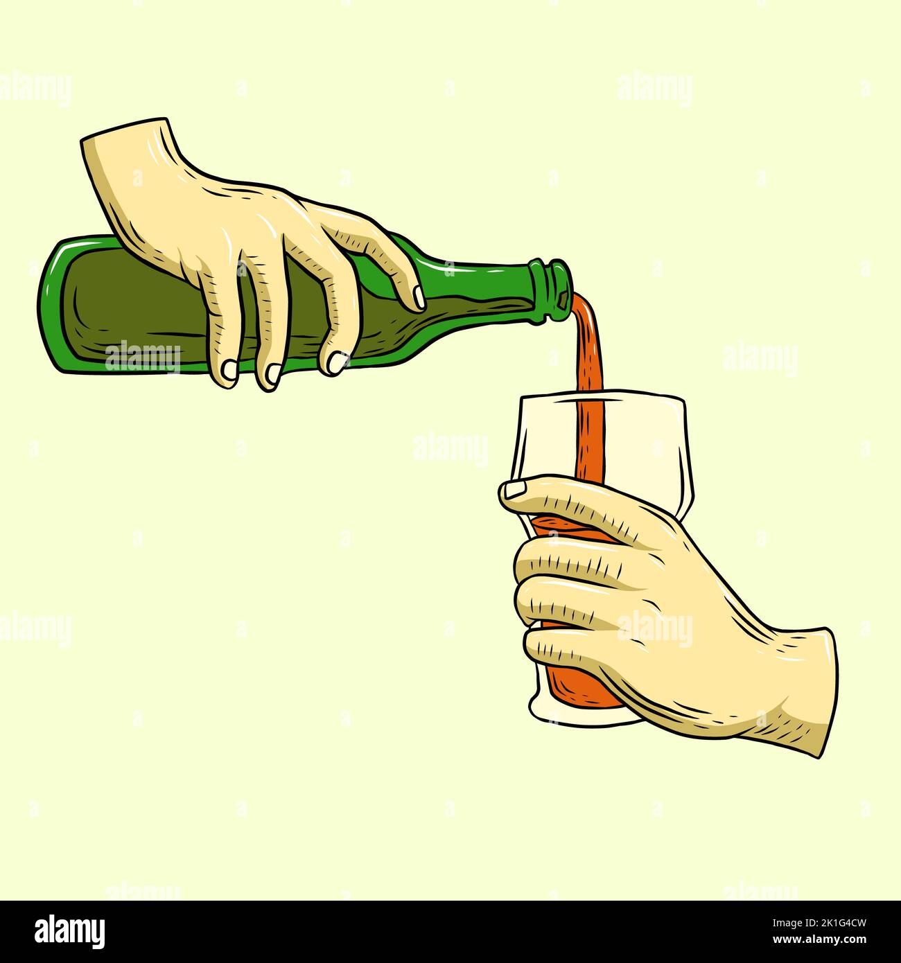 verser la bière de la bouteille dans l'illustration raster de gravure de couleur verre. Imprimé T-shirt. Imitation de planche à gratter. Noir et blanc Banque D'Images