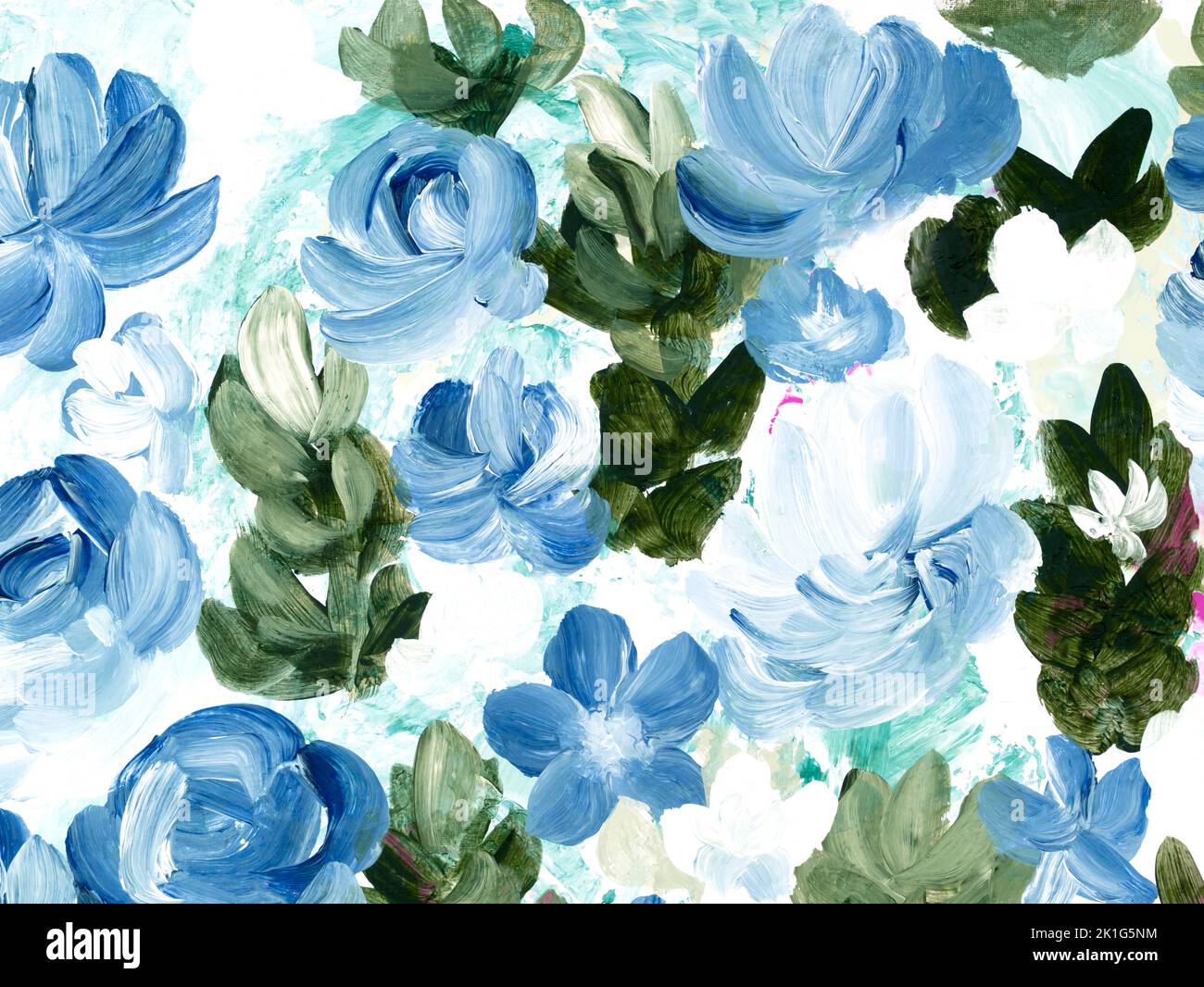 Fleurs bleues, peinture abstraite, original dessiné à la main, style impressionniste, texture de couleur, pinceau de peinture, arrière-plan artistique. Art moderne Contemp Banque D'Images