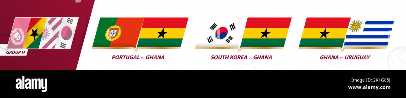 Matchs de l'équipe de football du Ghana dans le groupe H du tournoi international de football 2022. Jeu d'icônes vecteur sport. Illustration de Vecteur