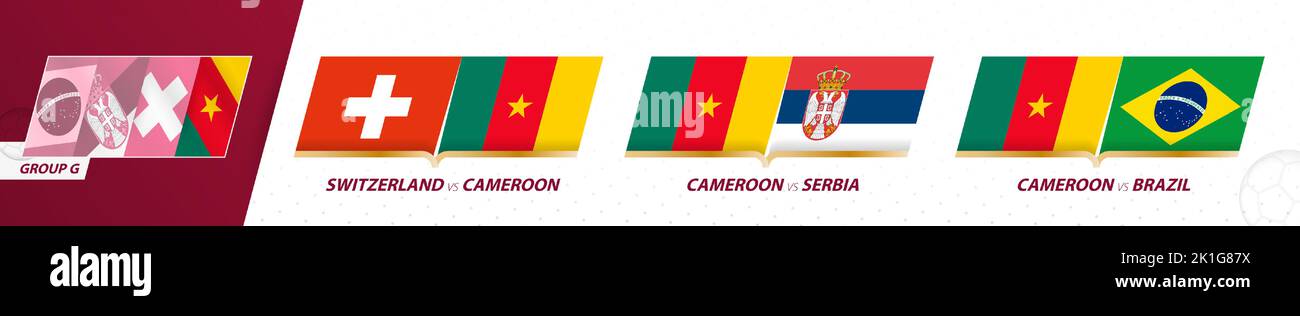 Cameroun matchs de l'équipe de football du groupe G du tournoi international de football 2022. Jeu d'icônes vecteur sport. Illustration de Vecteur