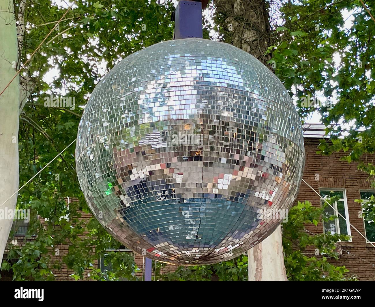 Discoball accroché à l'arbre, scène urbaine. Banque D'Images