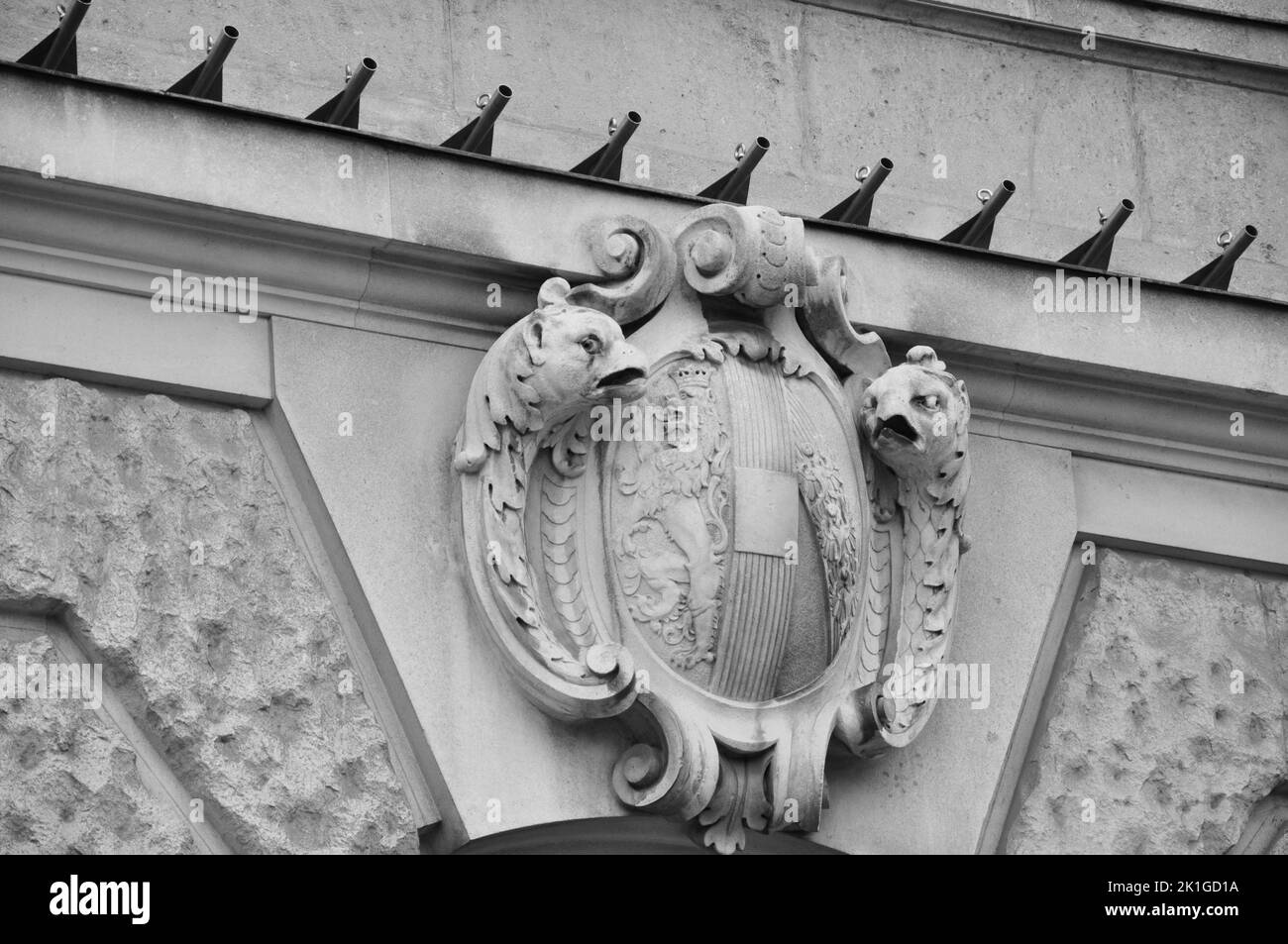 Un gros plan en échelle de gris des ornements sur la façade de la Bibliothèque nationale autrichienne à Vienne, Autriche Banque D'Images