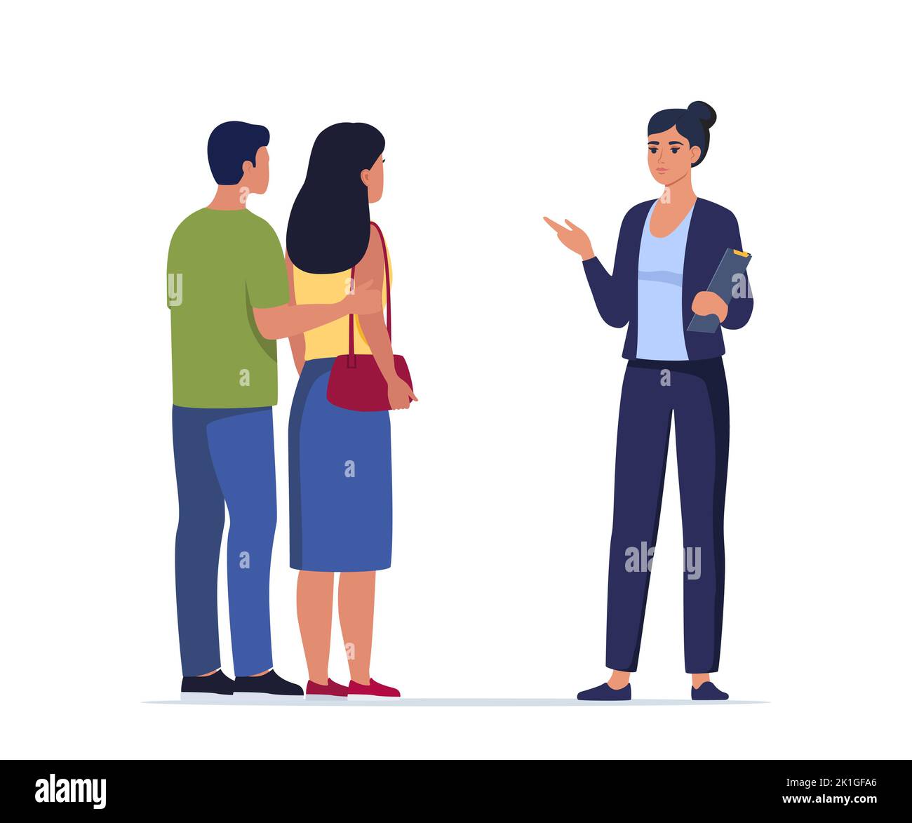 Directeur des ventes et clients. Agent parlant avec un jeune couple. Homme et femme dans la salle d'exposition. Le couple se prépare à faire une affaire ou un achat. Consultation, Illustration de Vecteur