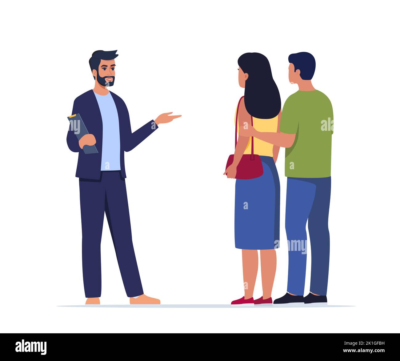 Directeur des ventes et clients. Agent parlant avec un jeune couple. Homme et femme dans la salle d'exposition. Le couple se prépare à faire une affaire ou un achat. Consultation, Illustration de Vecteur