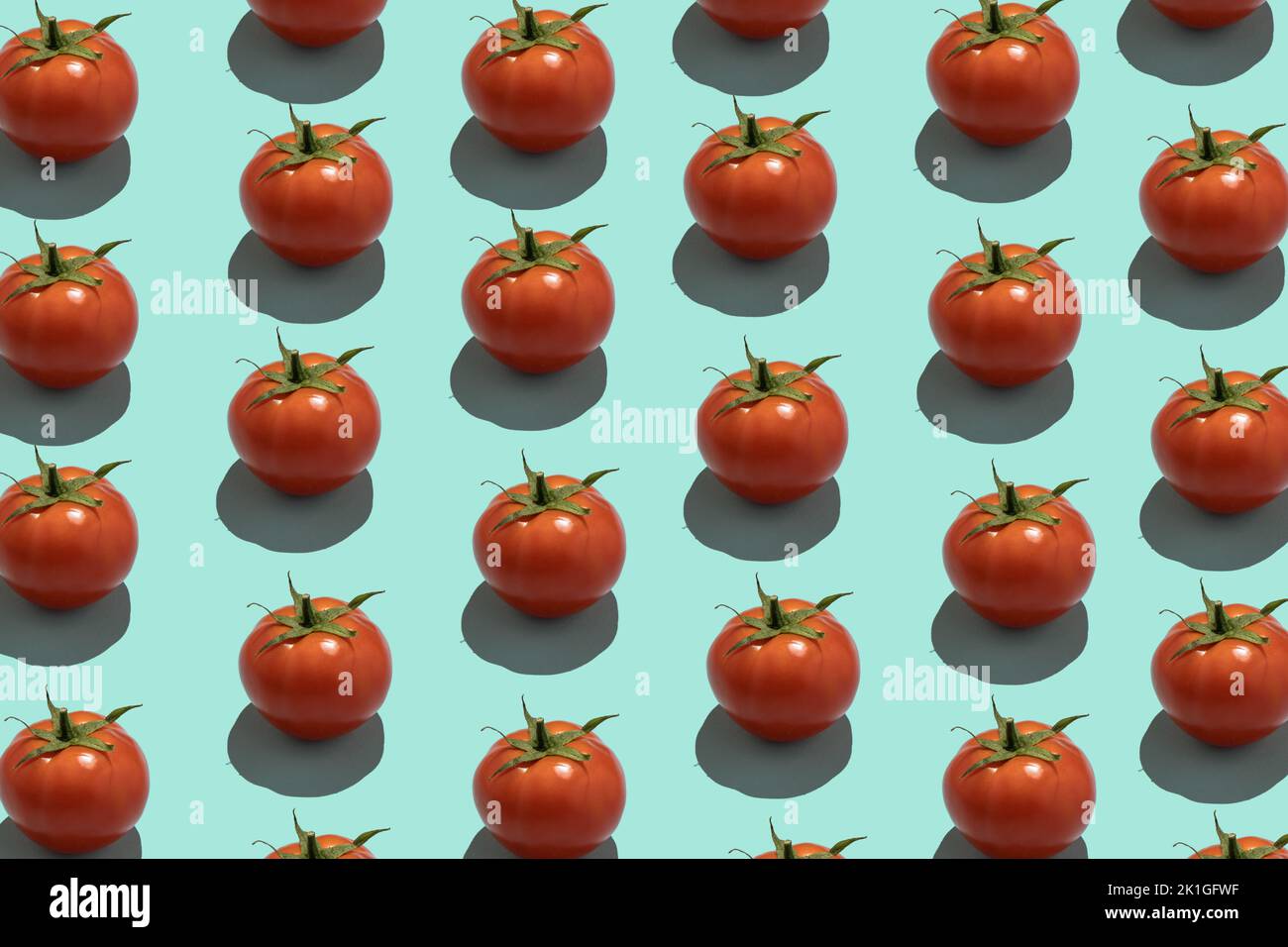 Un modèle d'alimentation créatif sans couture. Tomates fraîches sur fond bleu. Concept alimentaire coloré. Banque D'Images