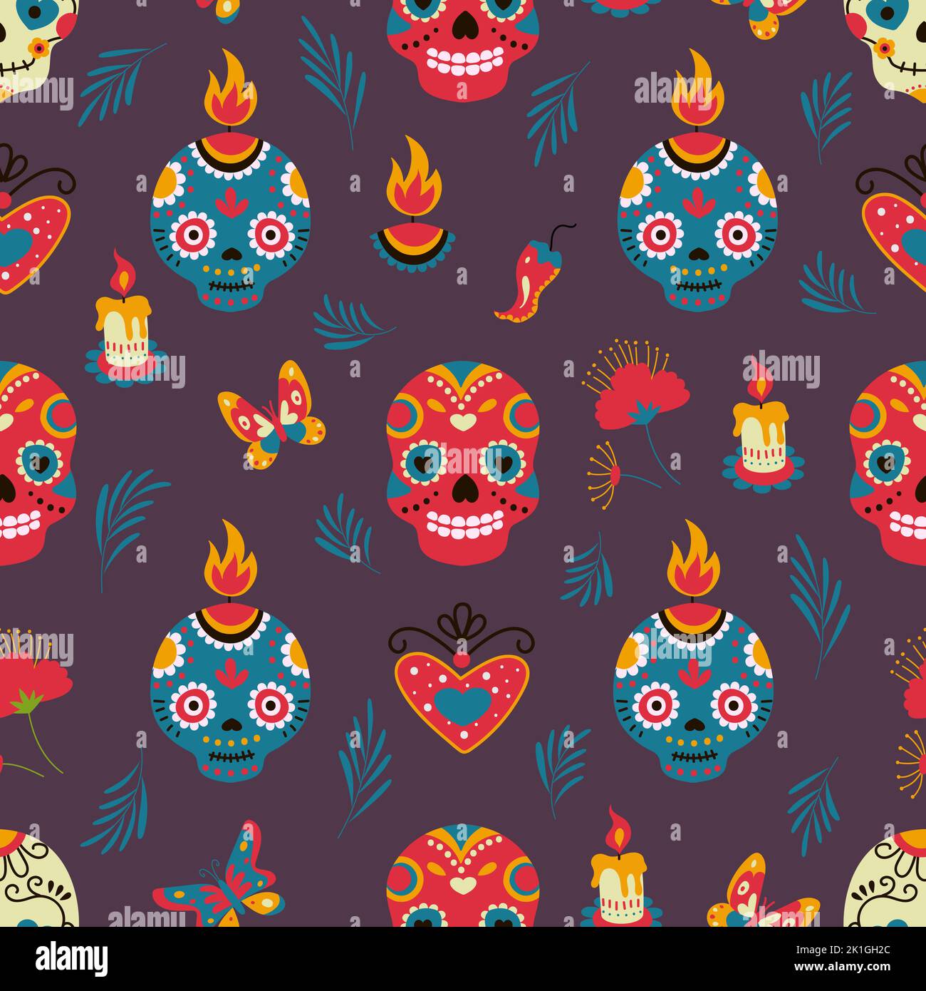 Jour de mort sans couture motif avec crâne et fleurs. Imprimé mexicain floral gothique, squelette vintage texture halloween. Sucre de dessin animé vecteur Nowaday Illustration de Vecteur