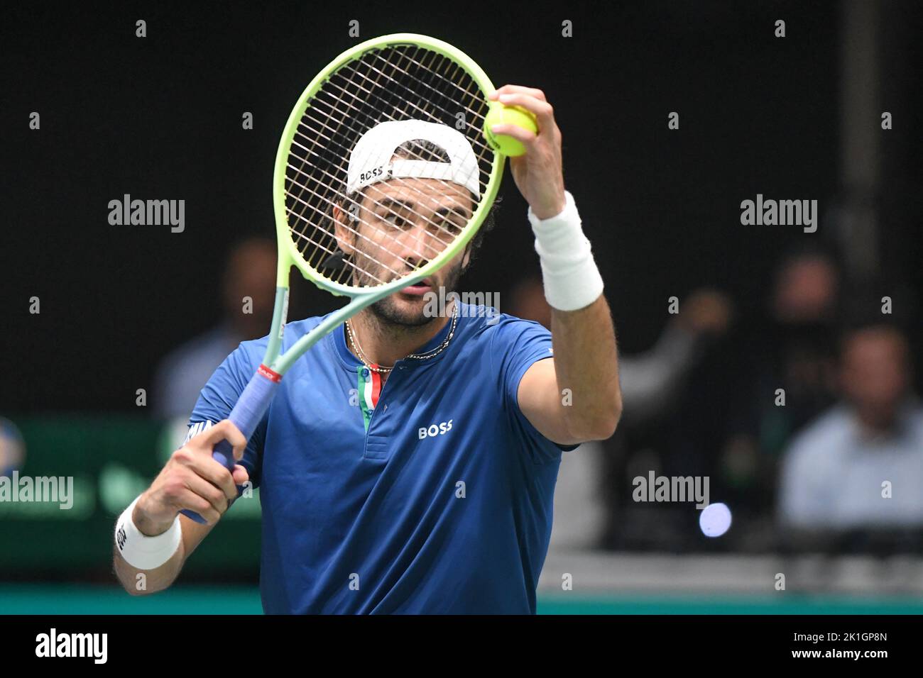 Matteo Berretini (Italie) contre la Suède. Finale de la coupe Davis, Groupe A (Bologne) Banque D'Images