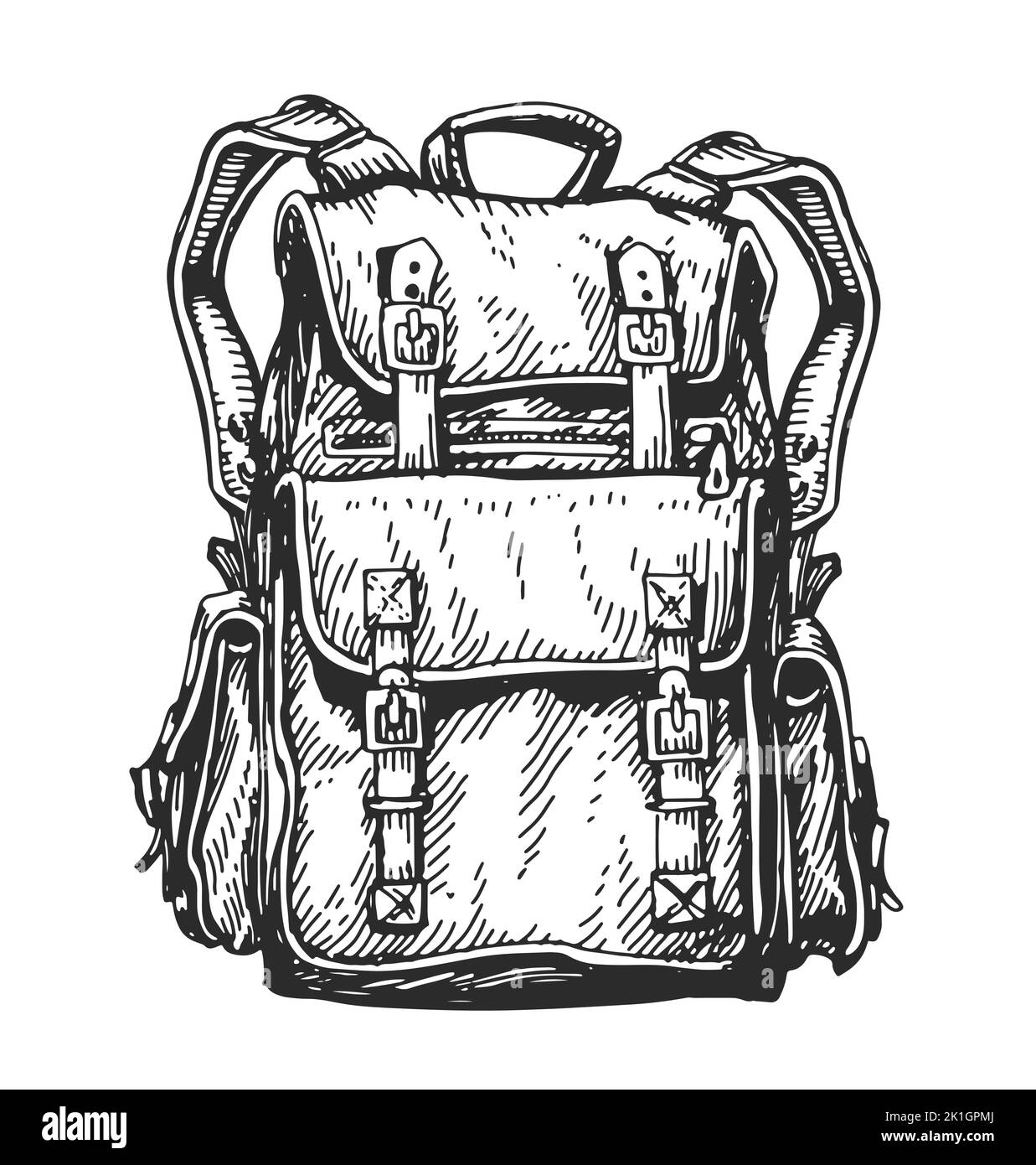 Sac à dos de camping, croquis de randonnée à bagages. Sac de voyage. Sac de randonnée camp. Wanderlust concept vintage illustration vectorielle Illustration de Vecteur