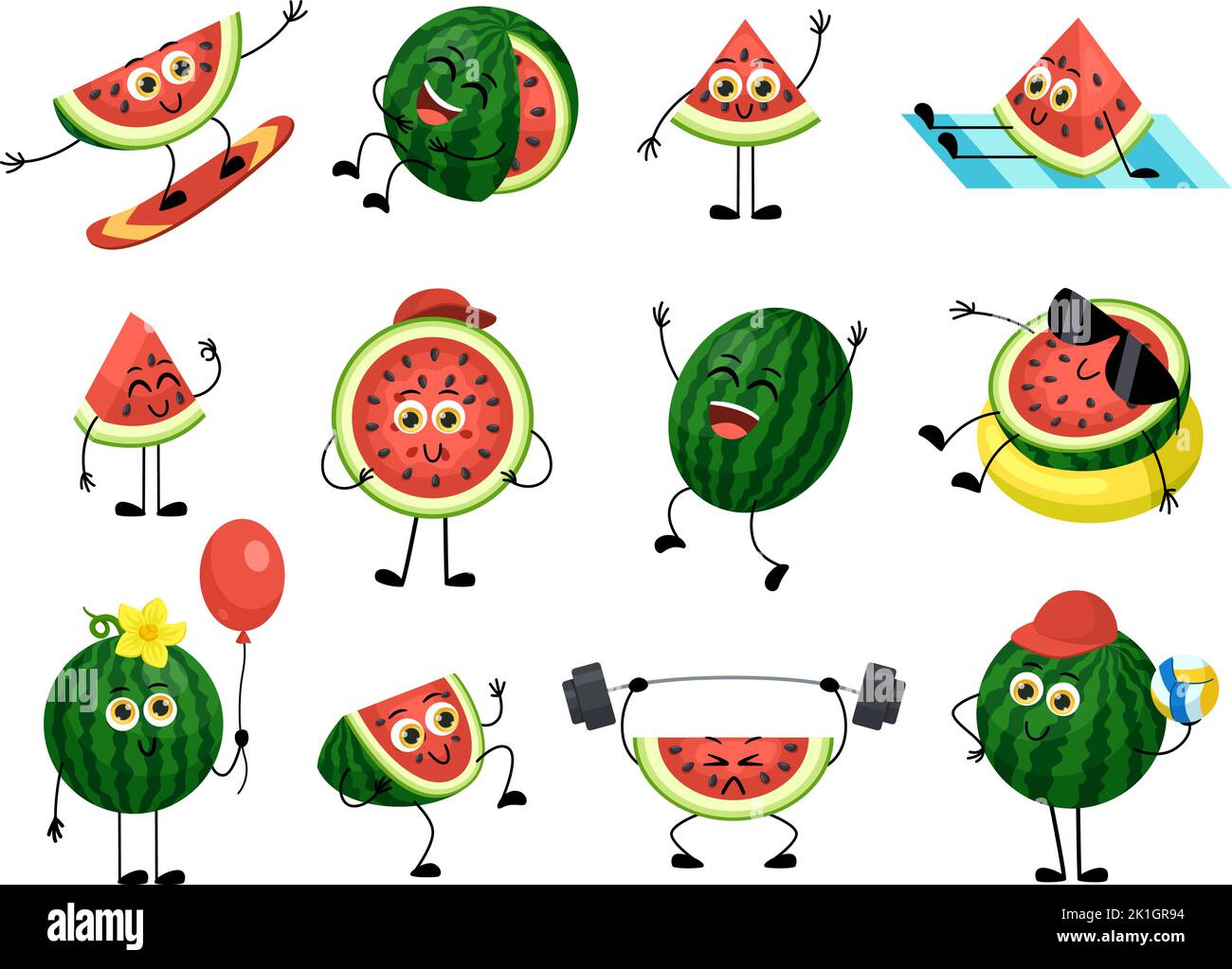Pastèque drôle personnages de dessin animé joyeuse temps libre. Fruits isolés nagent, surfent à bord et s'entraîne. Comique mignon souriant et riant Illustration de Vecteur