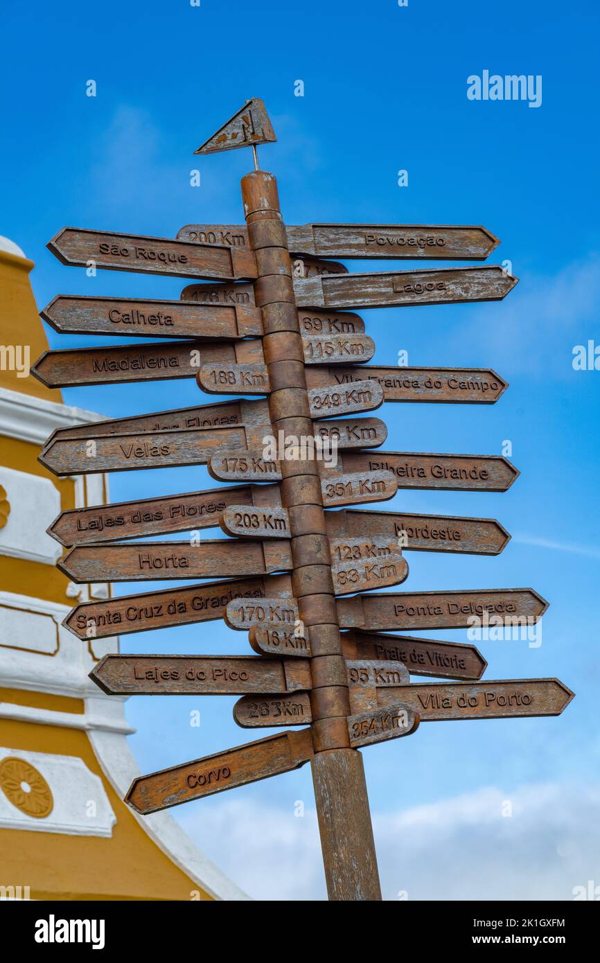 Flèches directionnelles sur un panneau indiquant les distances vers les villes portugaises sur le terrain de l'Outeiro da Memoria, à Angra do Heroismo, île de Terceira, Açores, Portugal. Banque D'Images