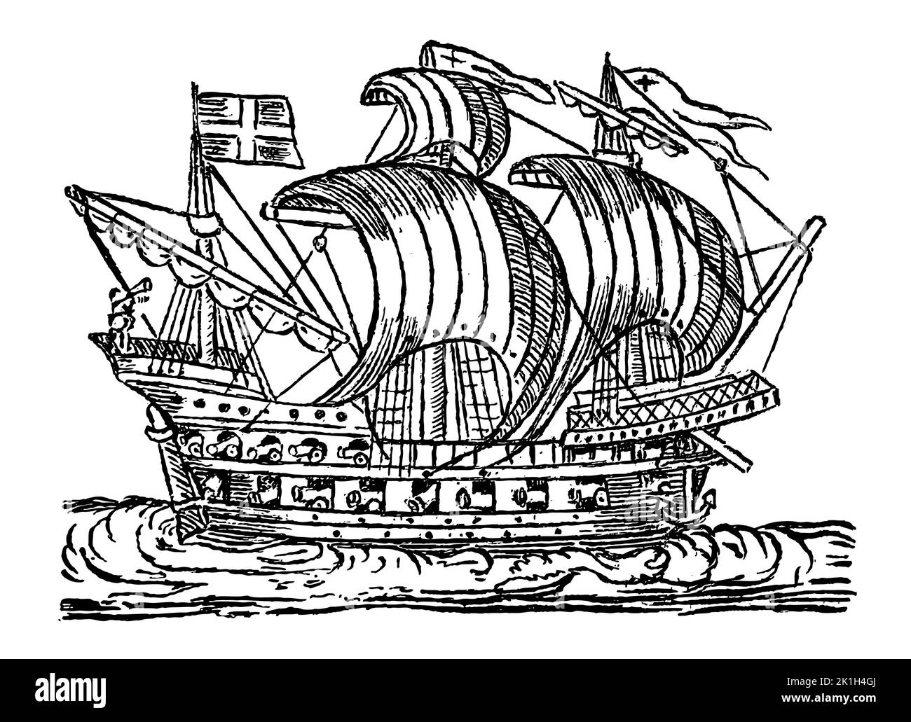 Ancien voilier naval avec vue latérale sur la mer ondulée. Illustration après gravure de bois du 16th siècle Illustration de Vecteur