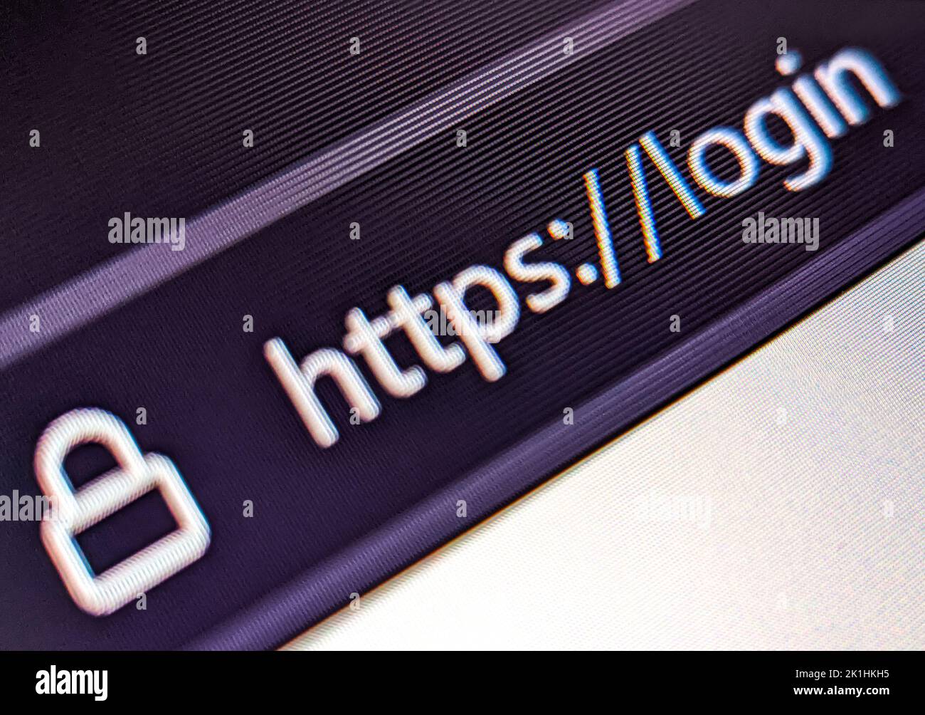 Vue en gros plan d'un navigateur Web avec une URL sécurisée affichée sur un écran pixélisé Banque D'Images