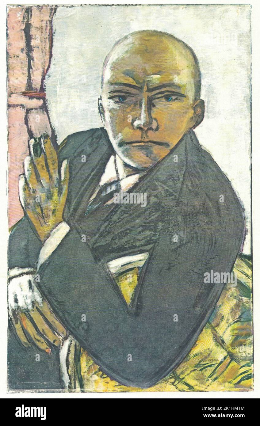 Autoportrait en noir, 1914, huile sur toile. Peinture par Max Beckmann. Max Carl Friedrich Beckmann (12 février 1884 – 27 décembre 1950) était un peintre, dessinateur, graveur, sculpteur et écrivain allemand. Bien qu'il soit classé comme artiste expressionniste, il a rejeté à la fois le terme et le mouvement. En 1920s, il est associé à la Nouvelle objectivité (Neue Sachlichkeit), une excroissance de l'expressionnisme qui s'oppose à son émotivité introvertie. Même lorsqu'il s'agit de sujets légers comme des artistes de cirque, Beckmann avait souvent une sous-intensité de moodiness ou de malaise dans ses œuvres. Banque D'Images