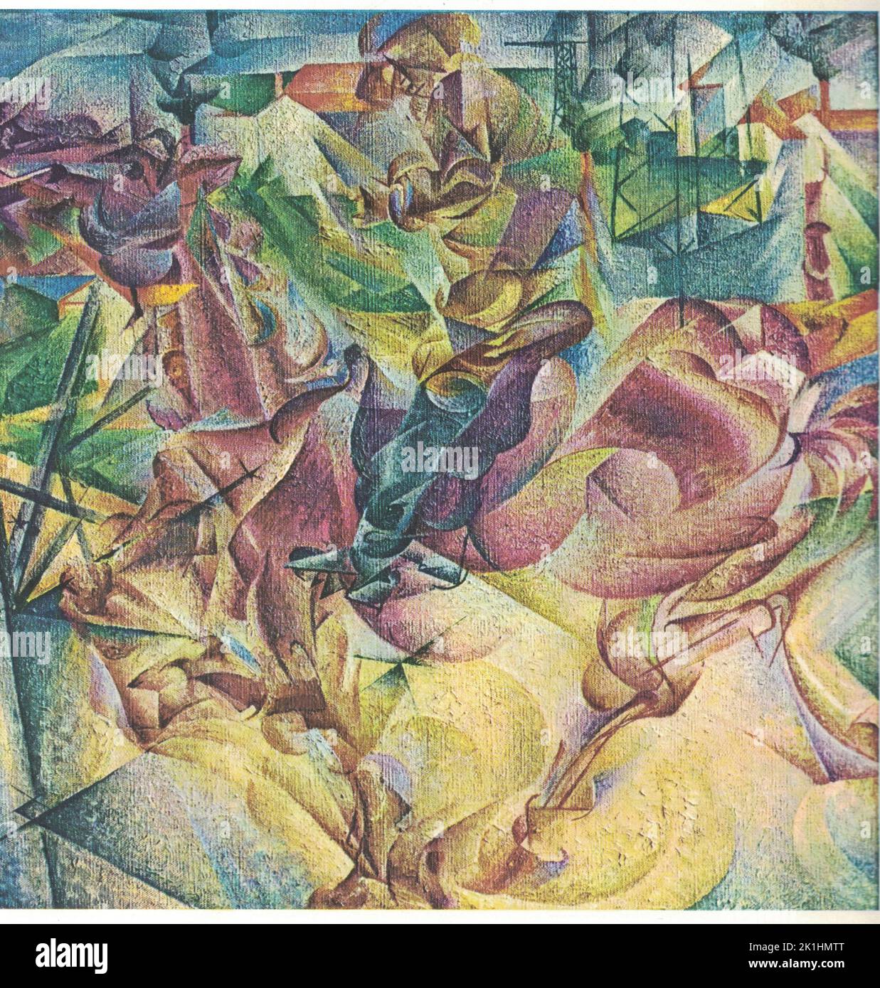 Elasticité, 1912, huile sur toile. Peinture par Umberto Boccioni. Umberto Boccioni (19 octobre 1882 – 17 août 1916) est un peintre et sculpteur italien influent. Il a contribué à façonner l'esthétique révolutionnaire du mouvement Futurisme comme l'une de ses figures principales. Malgré sa courte vie, son approche du dynamisme de la forme et de la déconstruction de la masse solide guide les artistes longtemps après sa mort. Ses œuvres sont détenues par de nombreux musées d'art publics et, en 1988, le Metropolitan Museum of Art de New York a organisé une importante rétrospective de 100 pièces. Banque D'Images