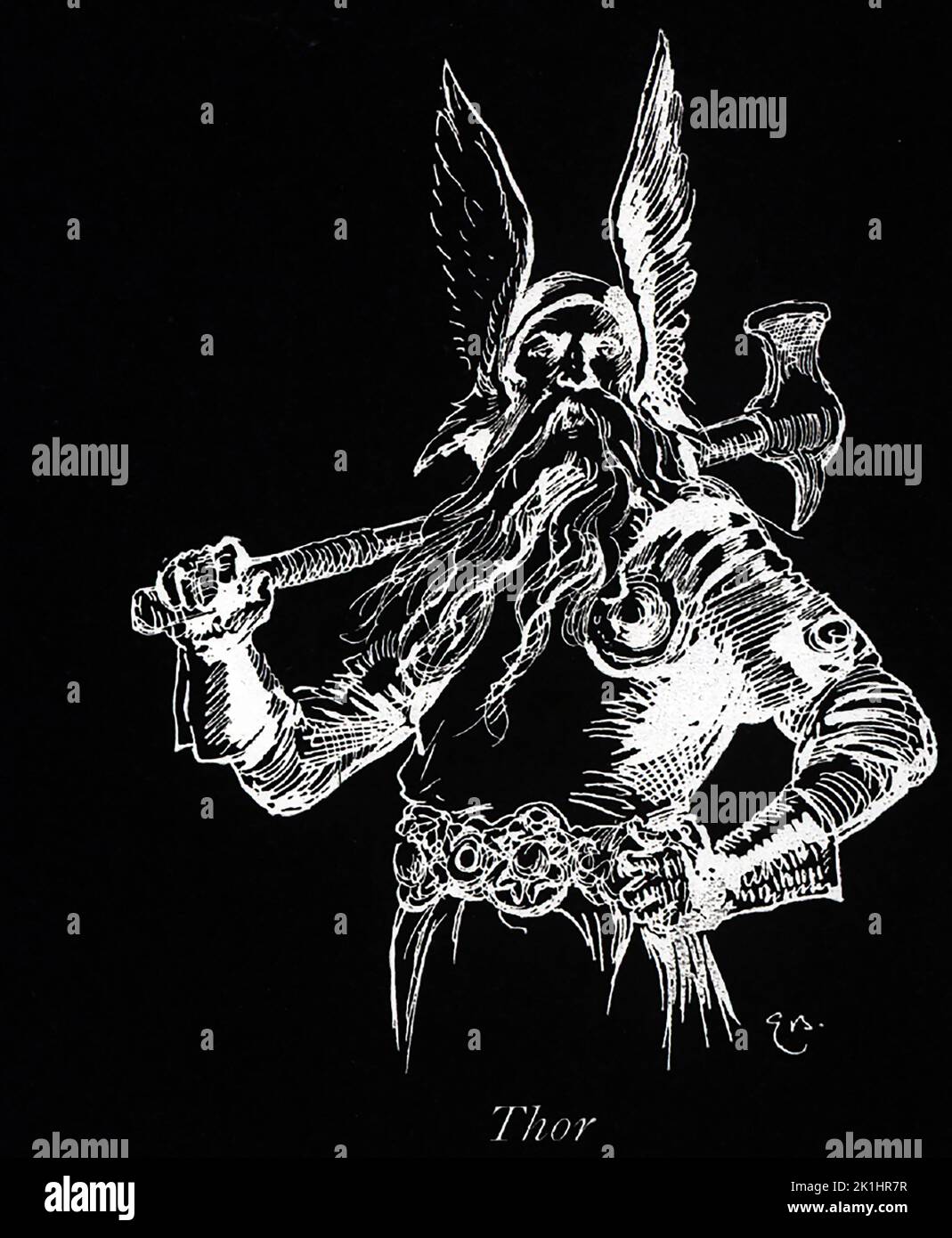 Thor était le dieu du tonnerre, et donc le dieu de la puissance et de la guerre. Fils d'Odin, il avait un marteau magique appelé Mjollnir qui lui retourna, une ceinture de force, et des gants de fer. Son char a été tiré par deux chèvres : Tanngrisni ('Gap-tooth' ) et Tanngnost ('dentoise'). Cette illustration date de 1913. Banque D'Images